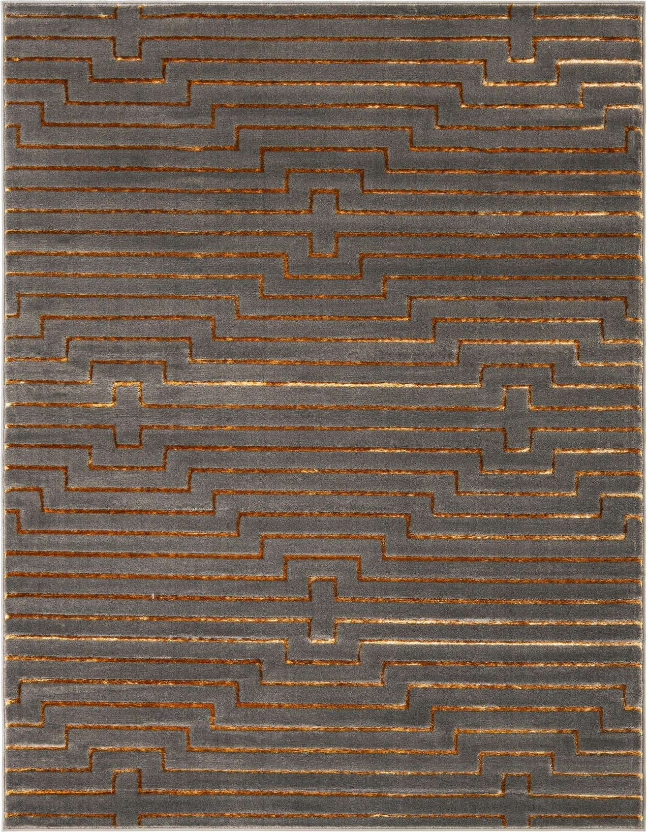 A 5x8 rectangular gray area rug with a textured gold geometric pattern, suitable for a modern living room.