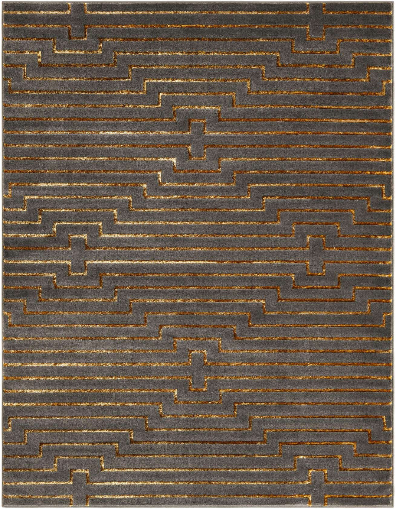 A 6x9 rectangular gray area rug with a textured gold geometric maze pattern, suitable for a living room.
