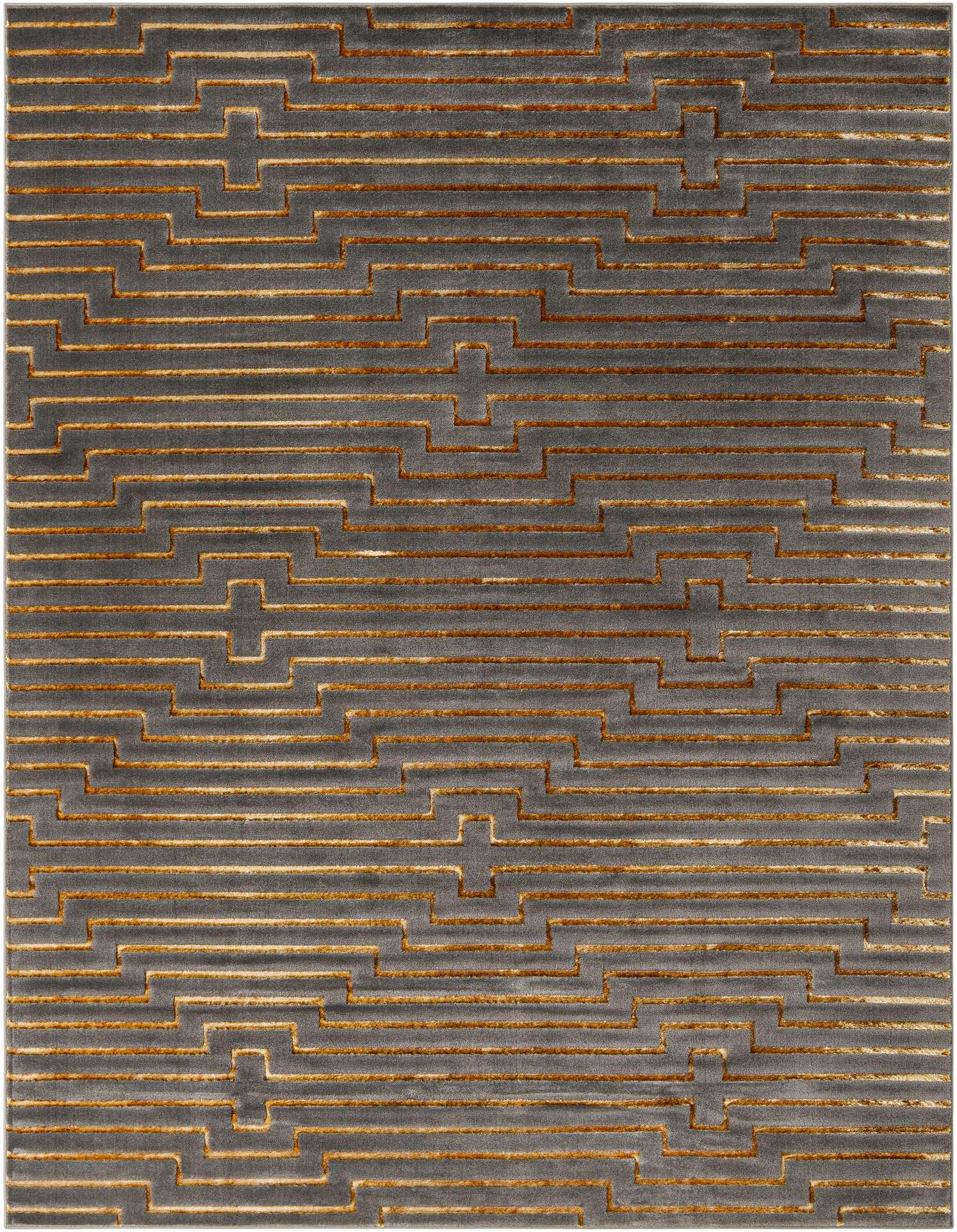 A 9x12 rectangular gray and gold area rug featuring a modern geometric pattern with textured lines.