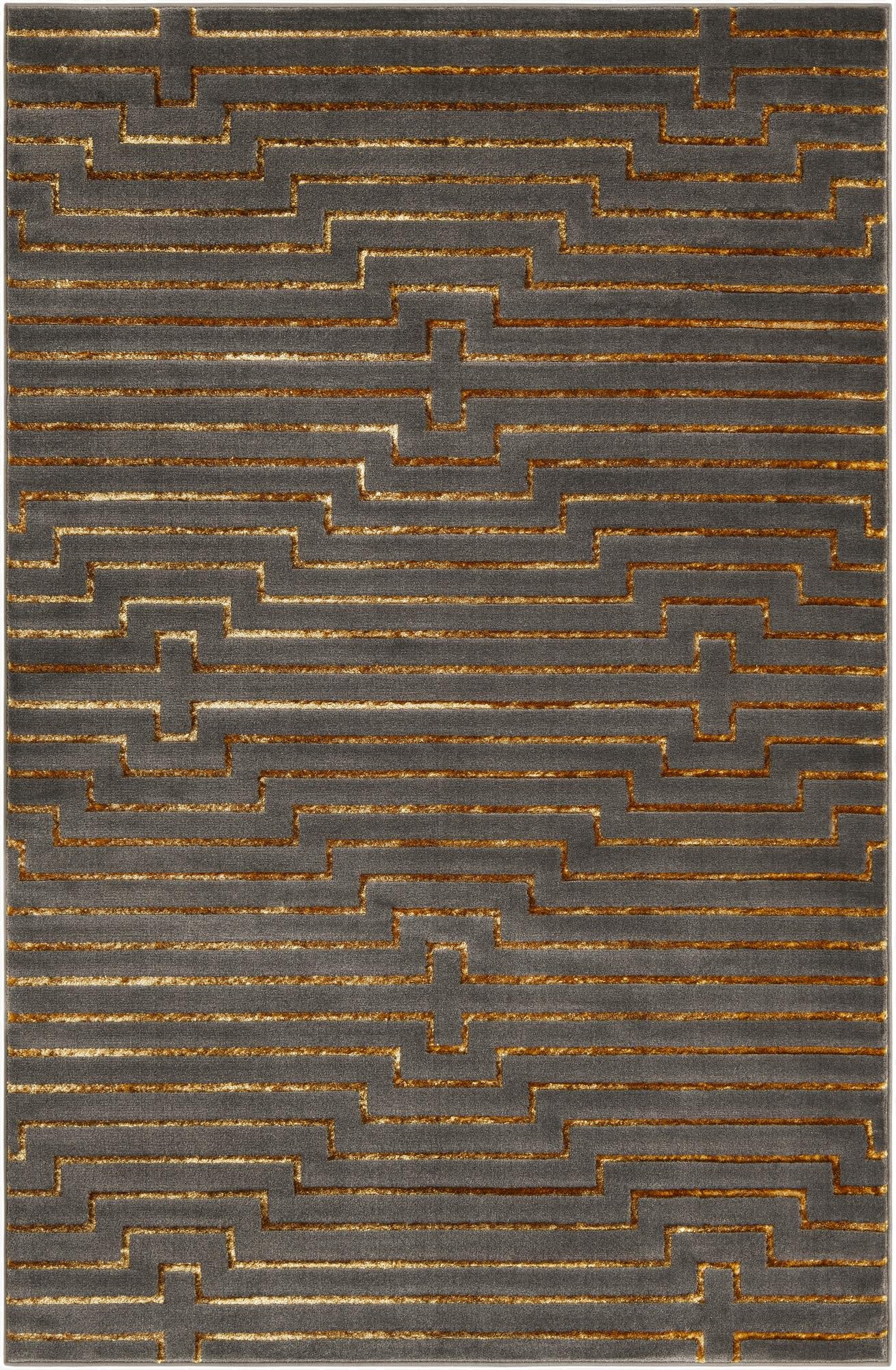 A 6x9 rectangular gray area rug with a textured gold geometric maze pattern, suitable for a living room.