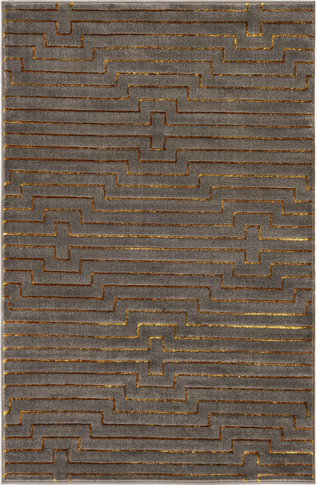 A 4x6 rectangular gray area rug with a textured gold geometric pattern, suitable for a modern living room.