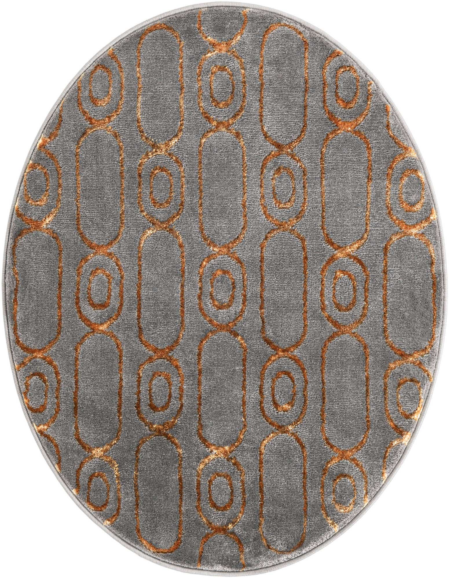 A round gray rug with a textured gold geometric pattern of interlocking ovals and circles, ideal for a modern living space.
