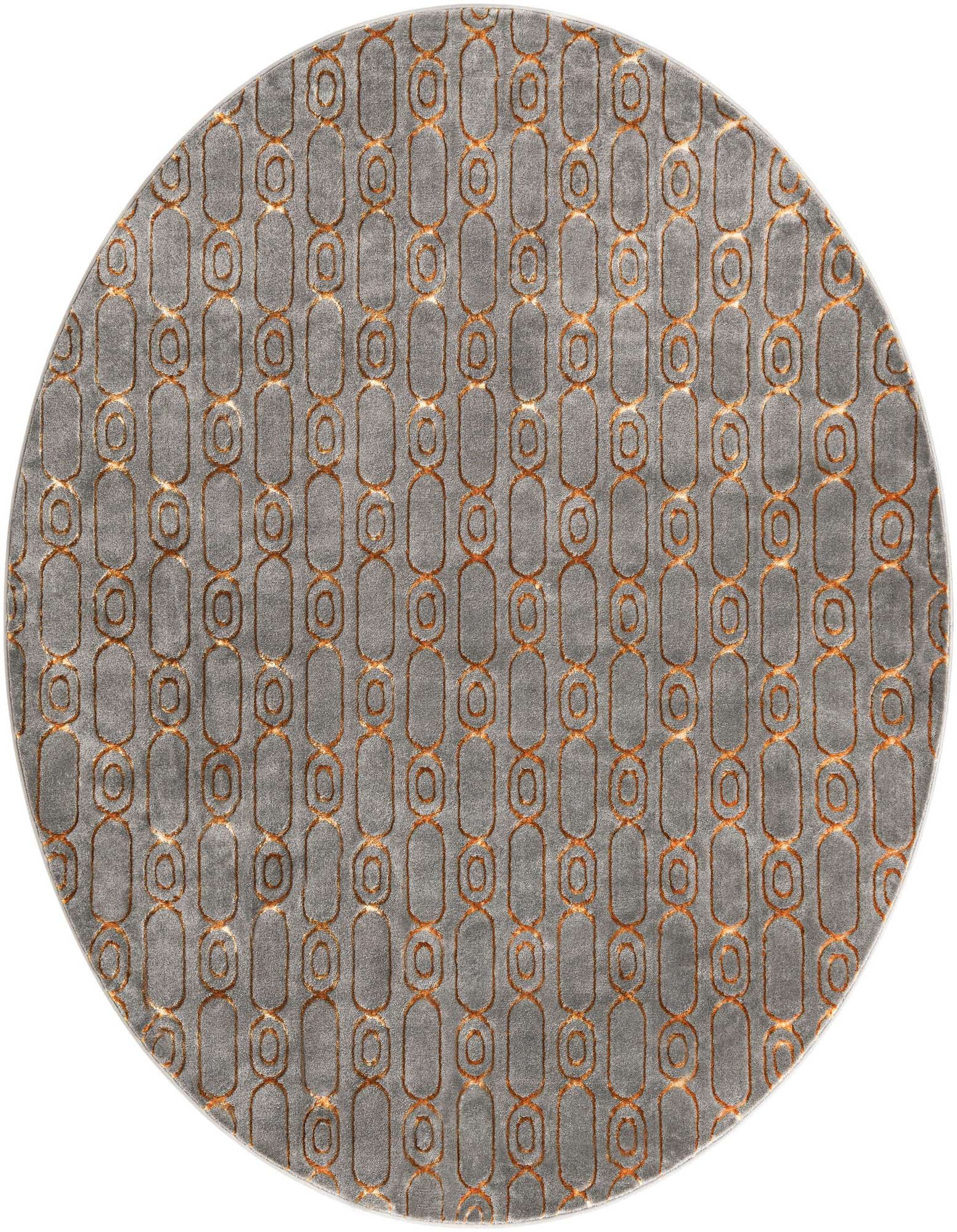 A round 7' 10" gray and gold rug with a repeating geometric chain link pattern, ideal for a modern living room.