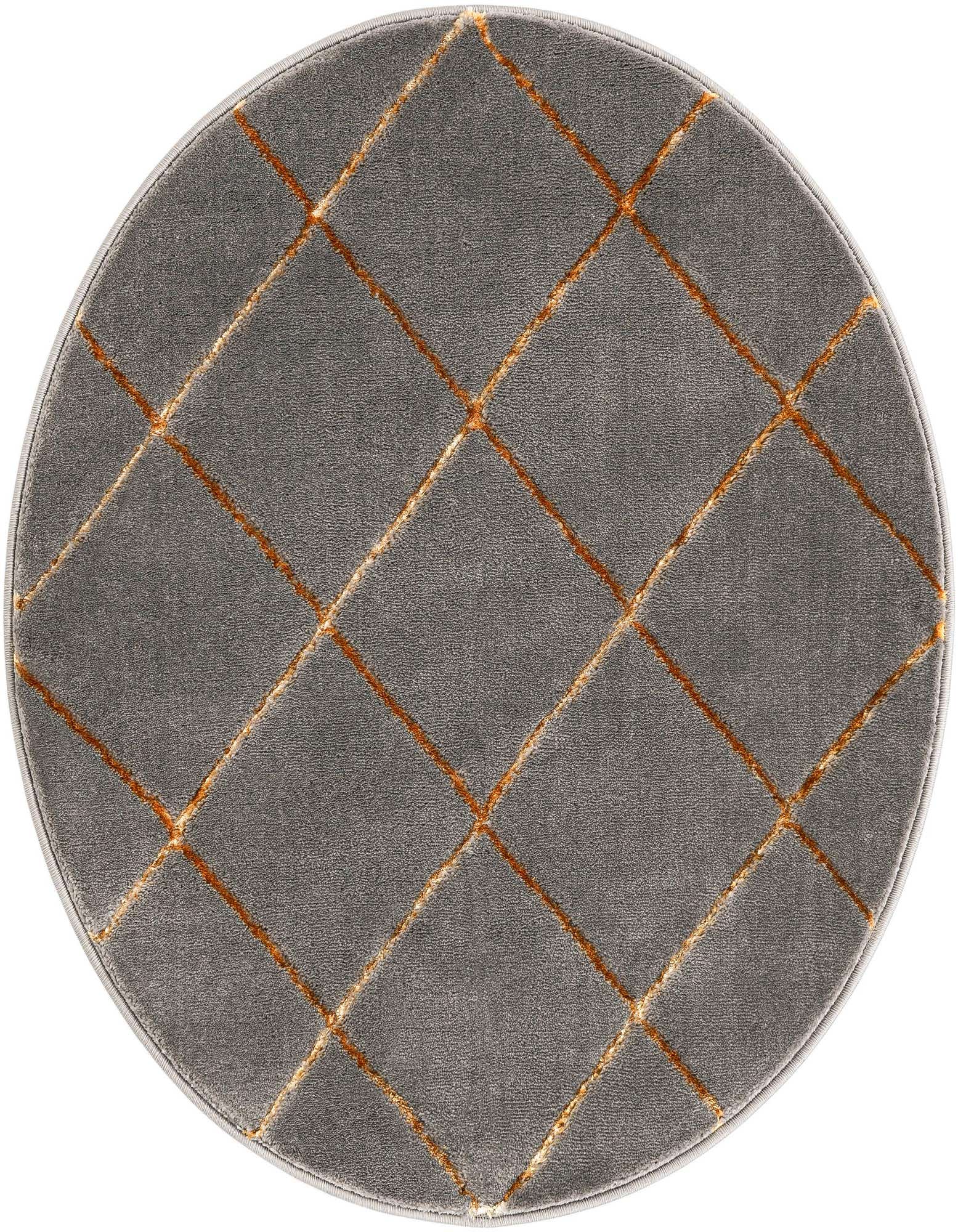 A 3' round gray rug with a textured gold crisscross geometric pattern, suitable for indoor spaces.