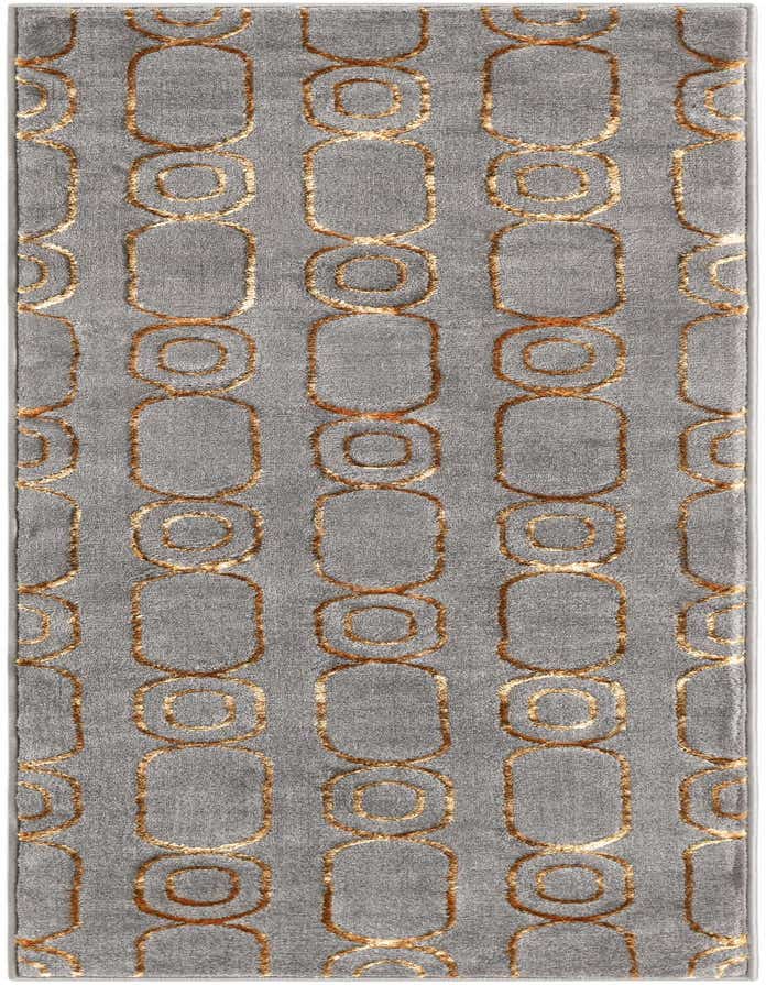 A 6 ft runner rug featuring a modern geometric pattern of interlocking gray and gold ovals and circles.