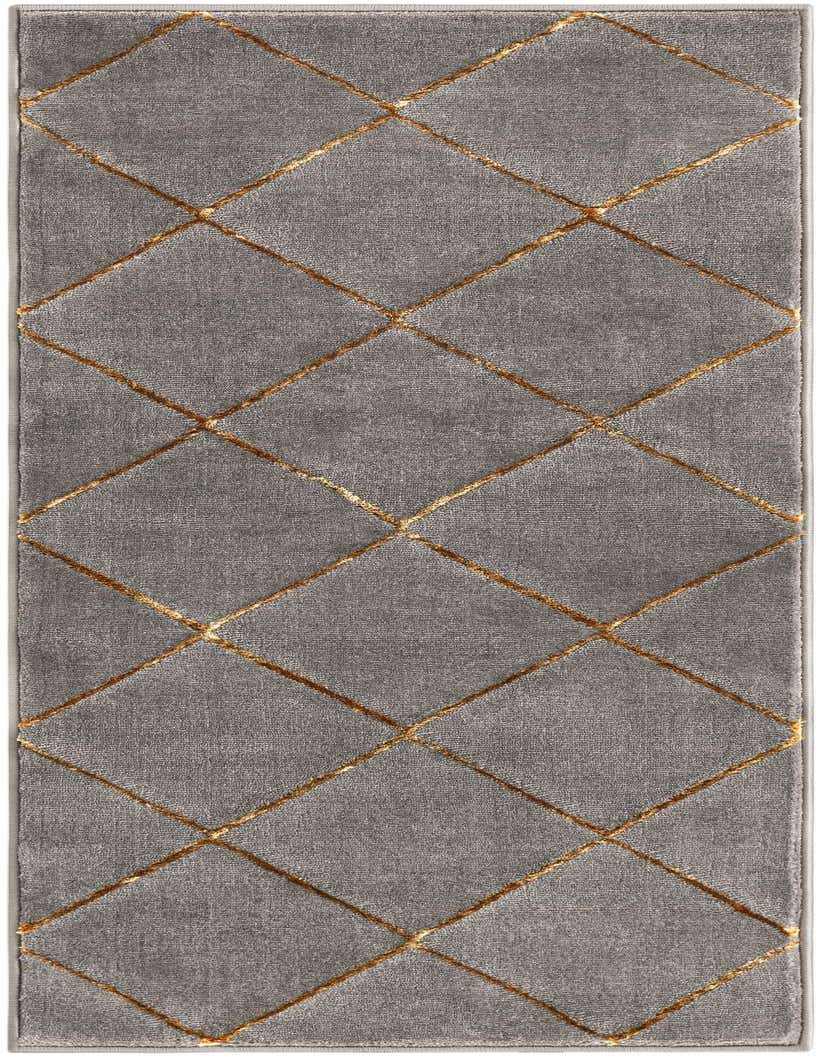Gray runner rug with a gold textured diamond pattern, suitable for a hallway or entryway.