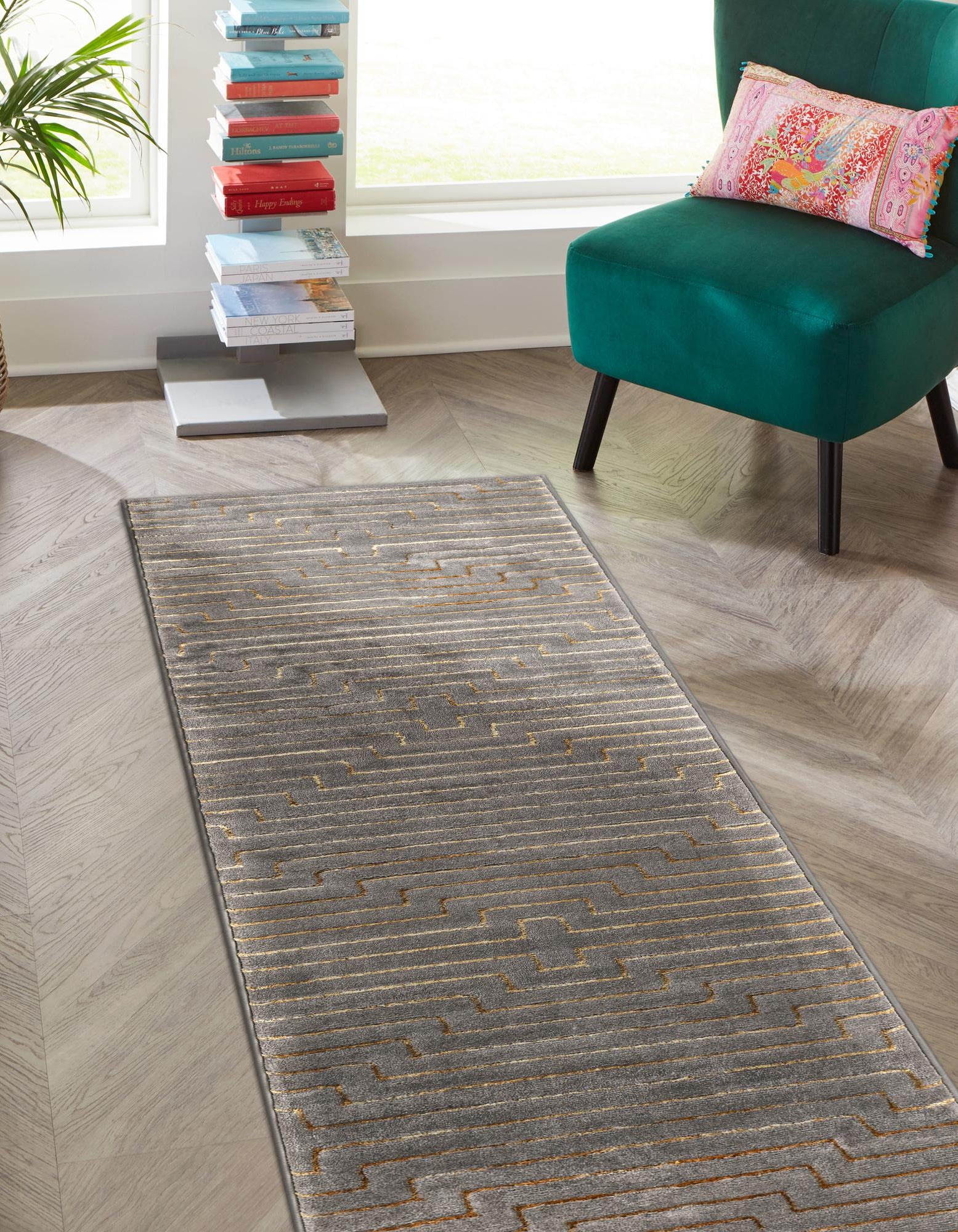 Gray and Gold 2' x 8' Vogue Geo Runner Rug | Rugs.com