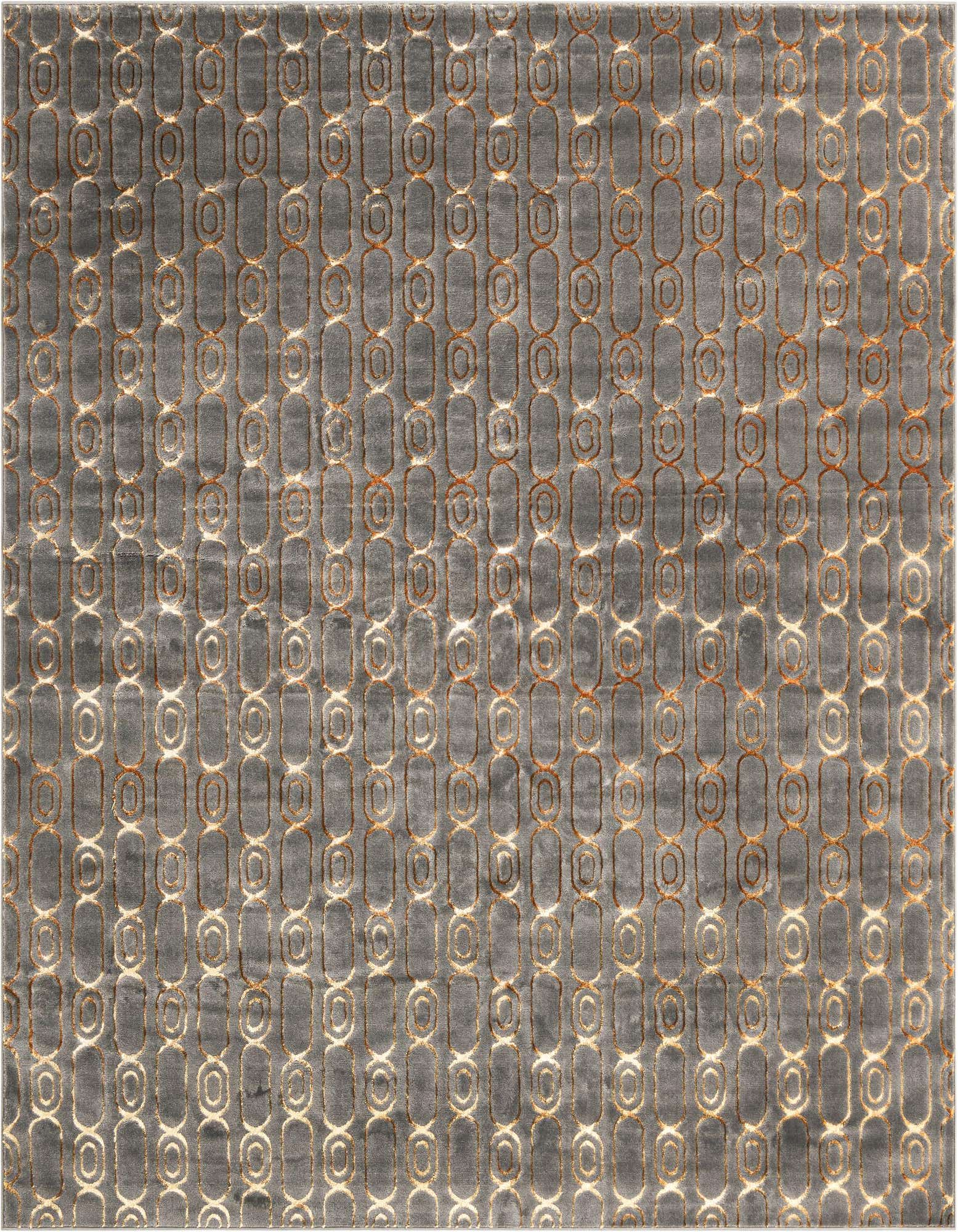 A 10'x10' square gray and gold indoor rug with a repeating geometric chain link pattern and a medium, textured pile.
