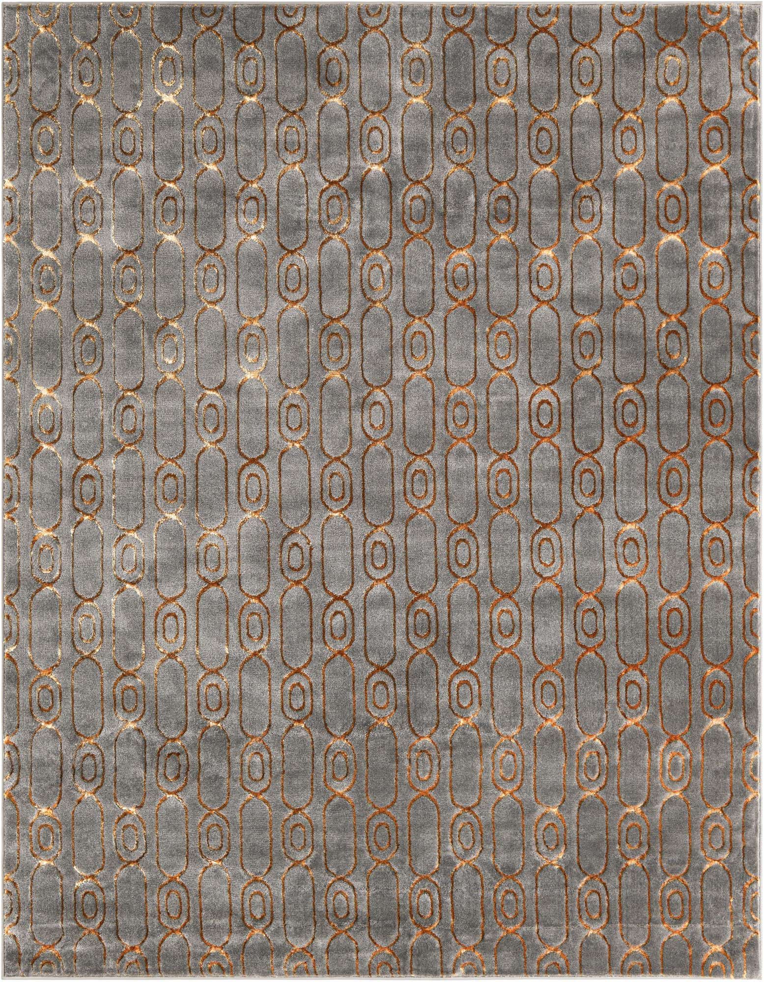 A 7' 10 x 7' 10 square gray rug with a repeating gold geometric chain-link pattern, suitable for a living room.