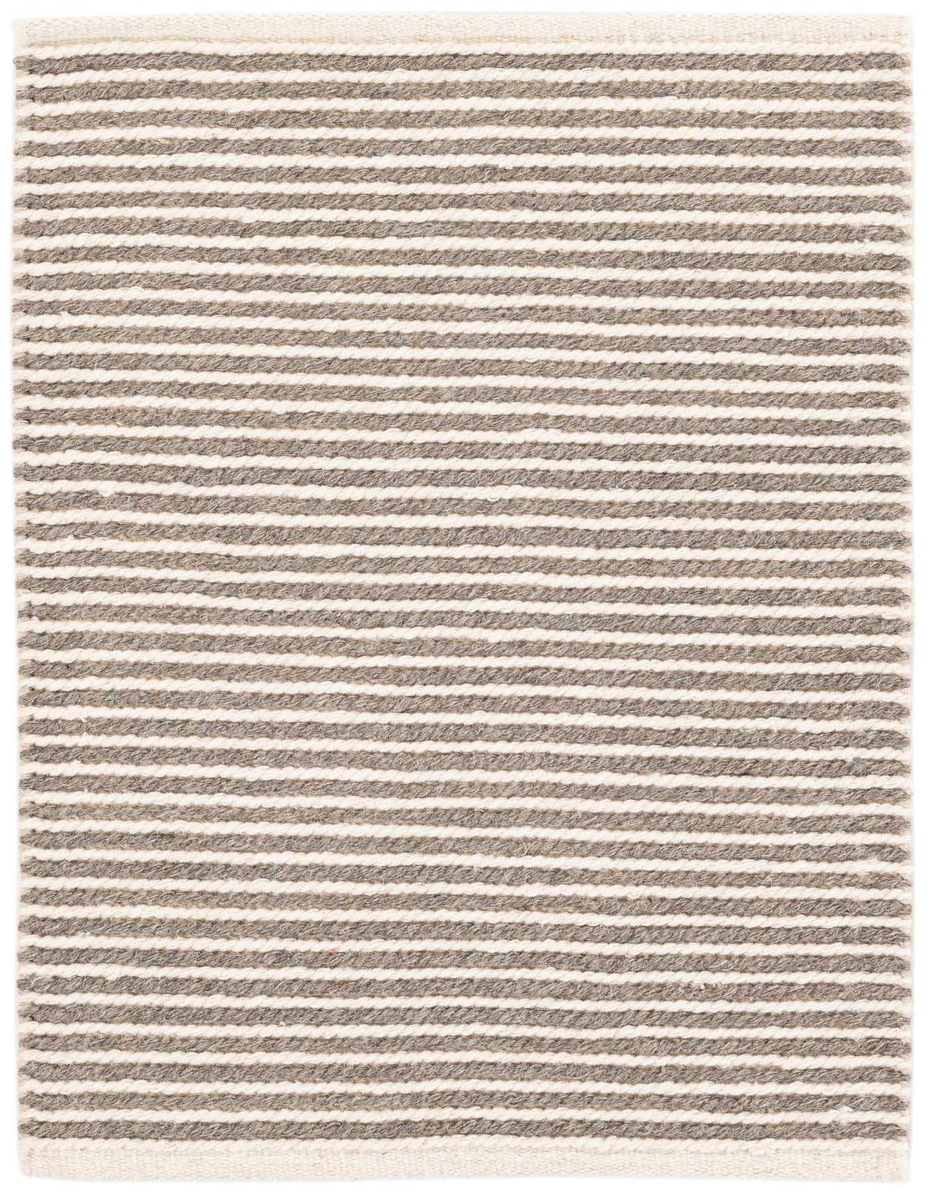 A 2x3 rectangular modern rug with alternating thin stripes of ivory and gray, made from wool and cotton.