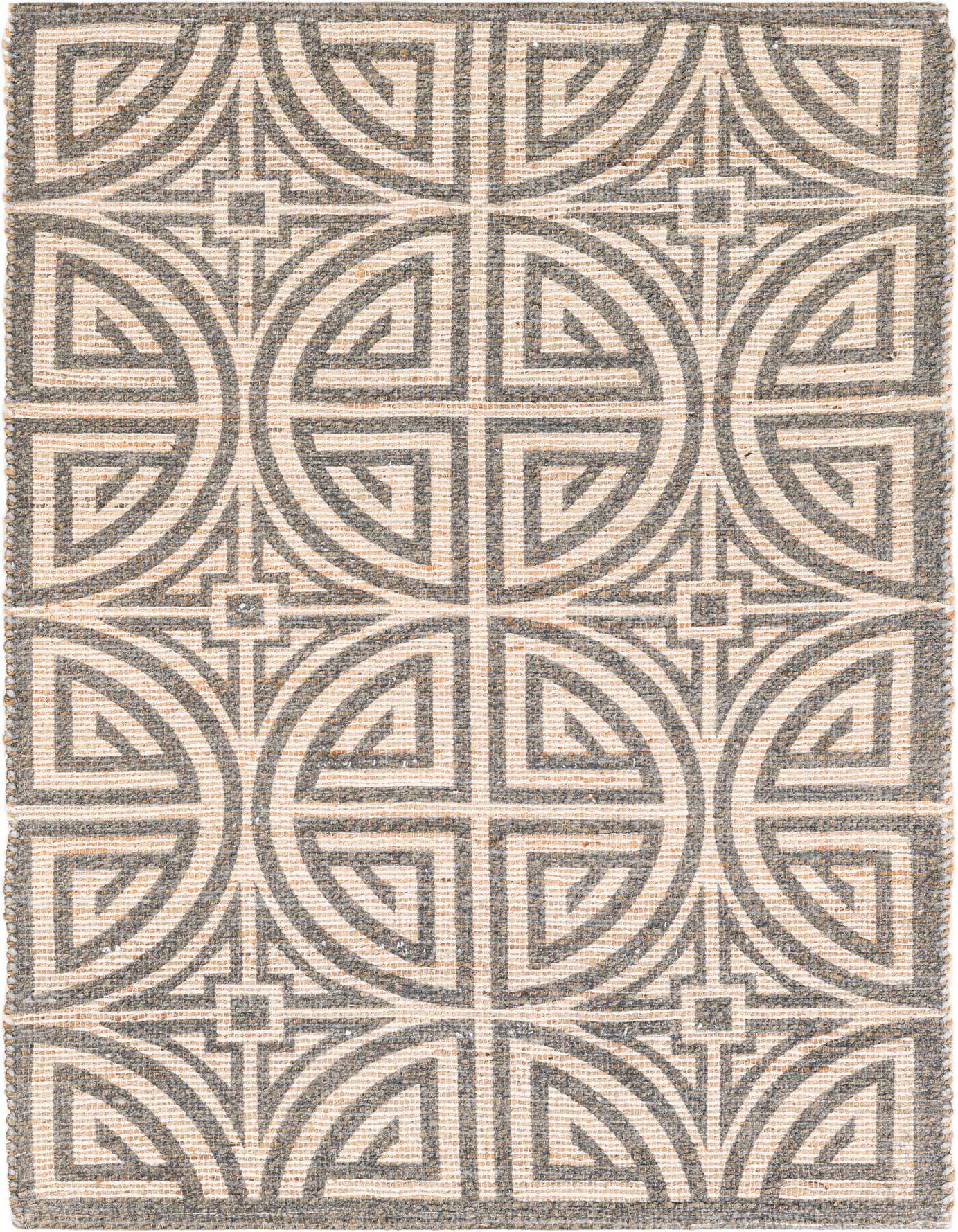 A 4x6 rectangular Chenille & Jute rug with a modern geometric pattern in ivory and gray, featuring interlocking circles and squares.