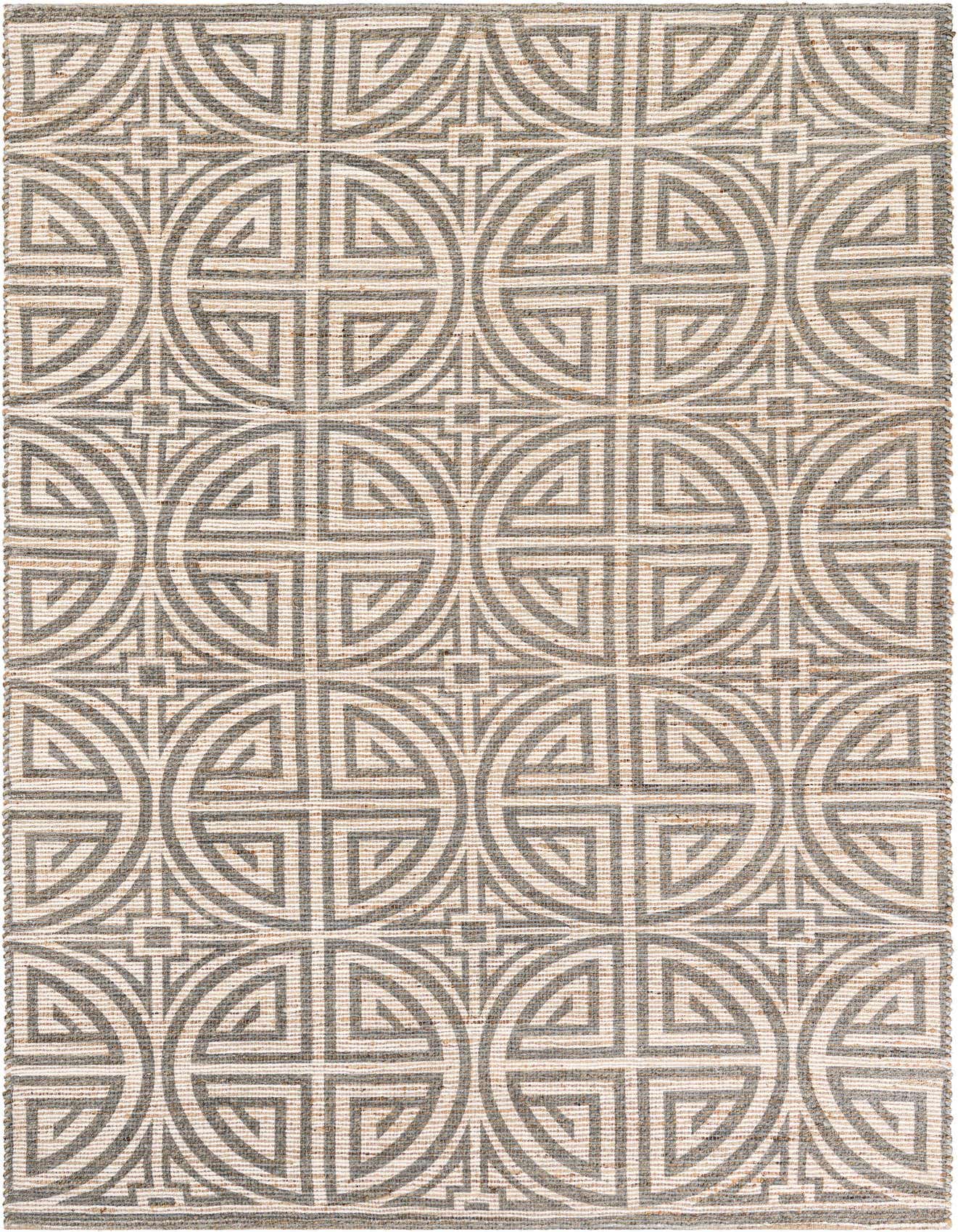 A 6x9 rectangular Chenille Jute rug featuring a modern geometric pattern in ivory and gray, suitable for a living room.