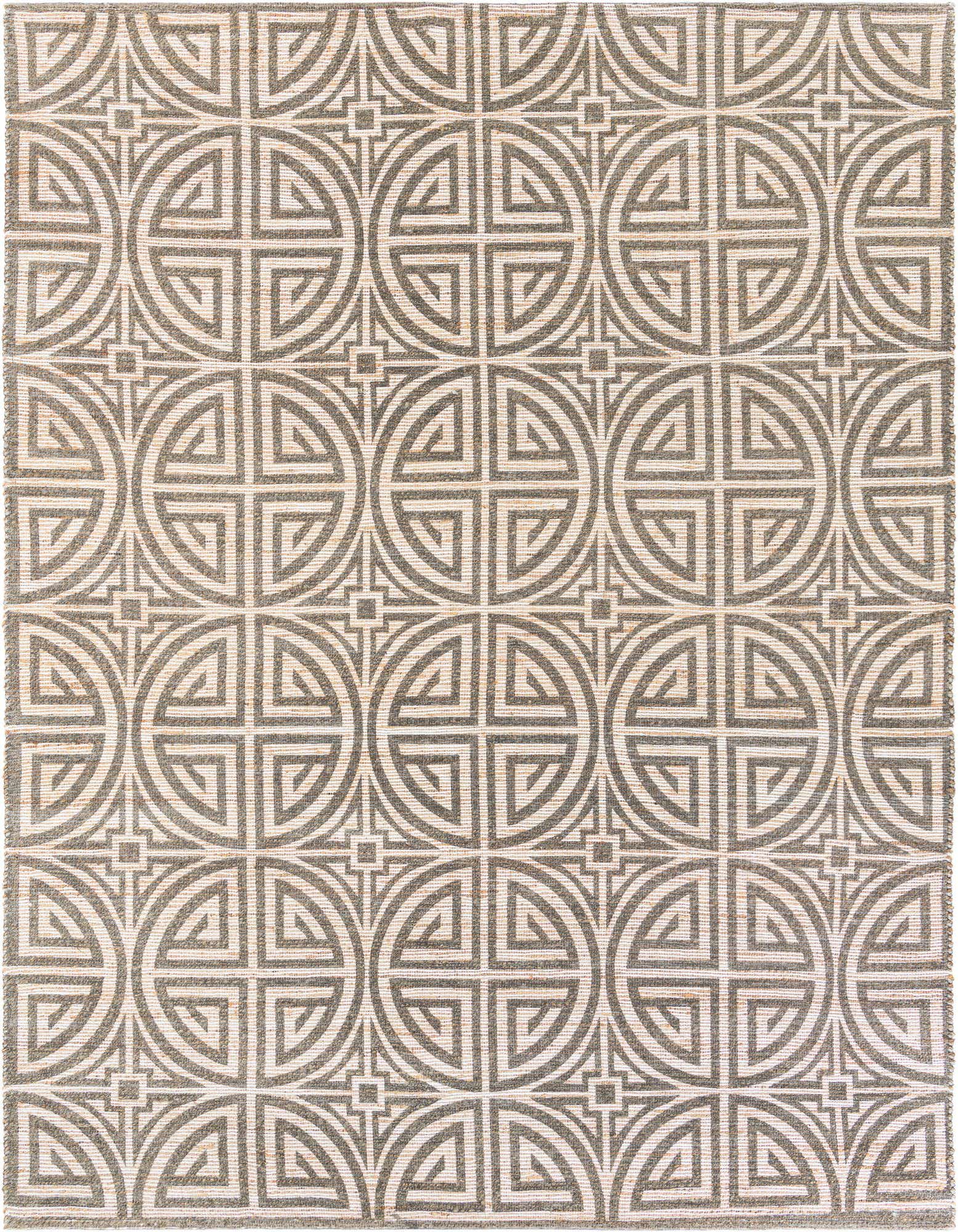 A 9x12 rectangular Chenille & Jute rug featuring an intricate geometric pattern of interlocking circles and squares in ivory and gray.