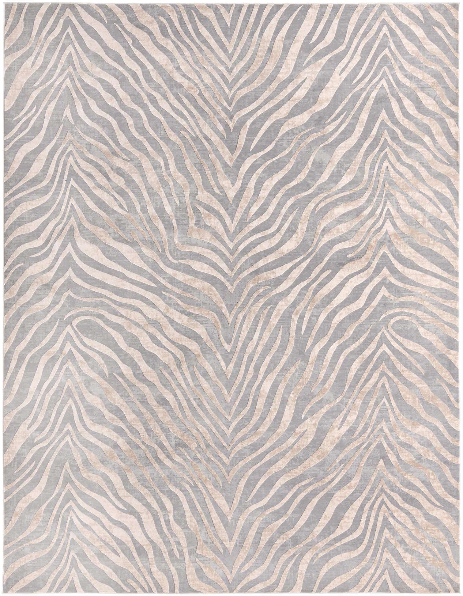 A 9x12 rectangular modern area rug featuring a high/low textured zebra stripe pattern in shades of ivory, cream, and gray.