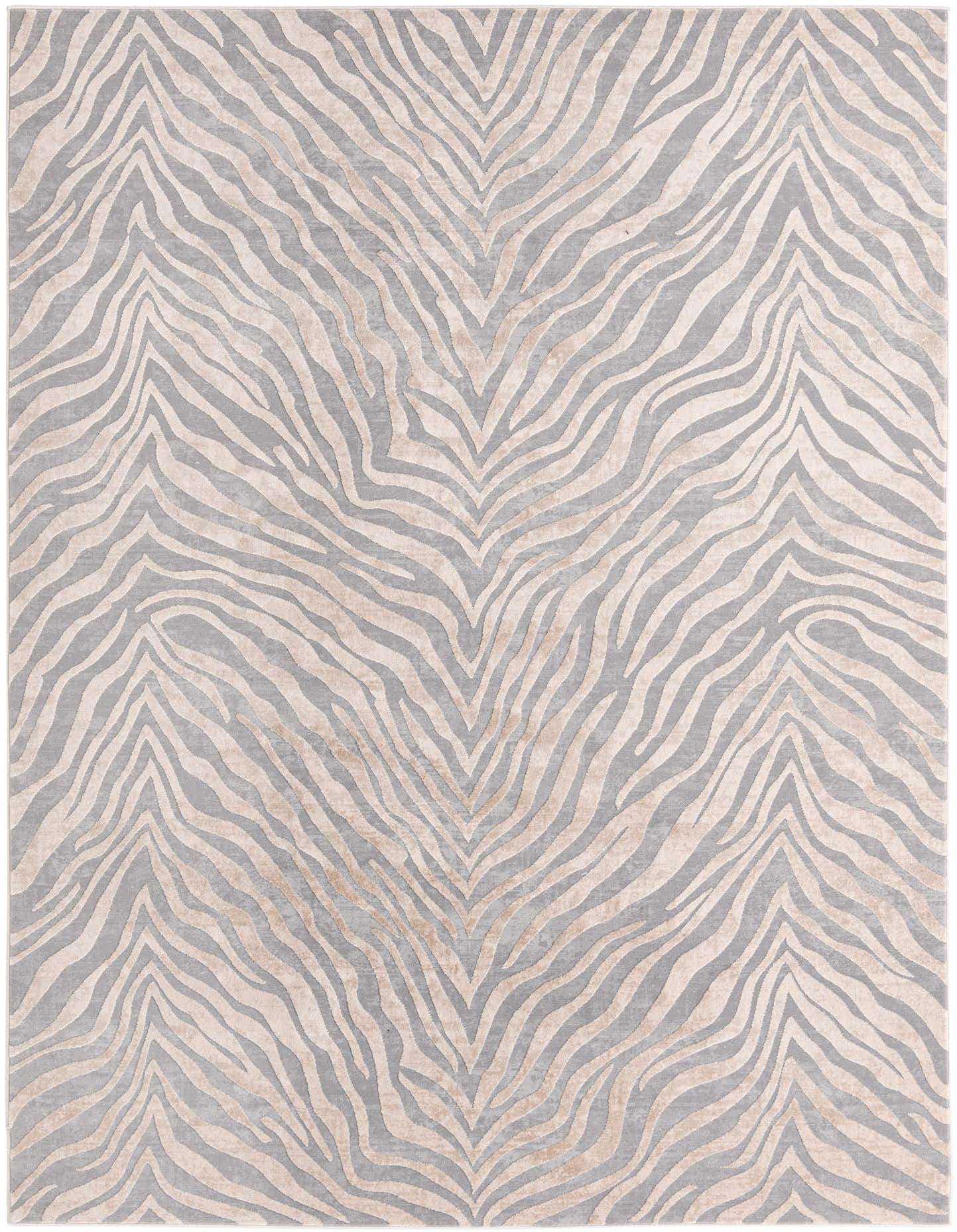 A 7x10 rectangular Finsbury rug with a modern ivory and gray zebra stripe pattern, featuring a high/low textured pile.