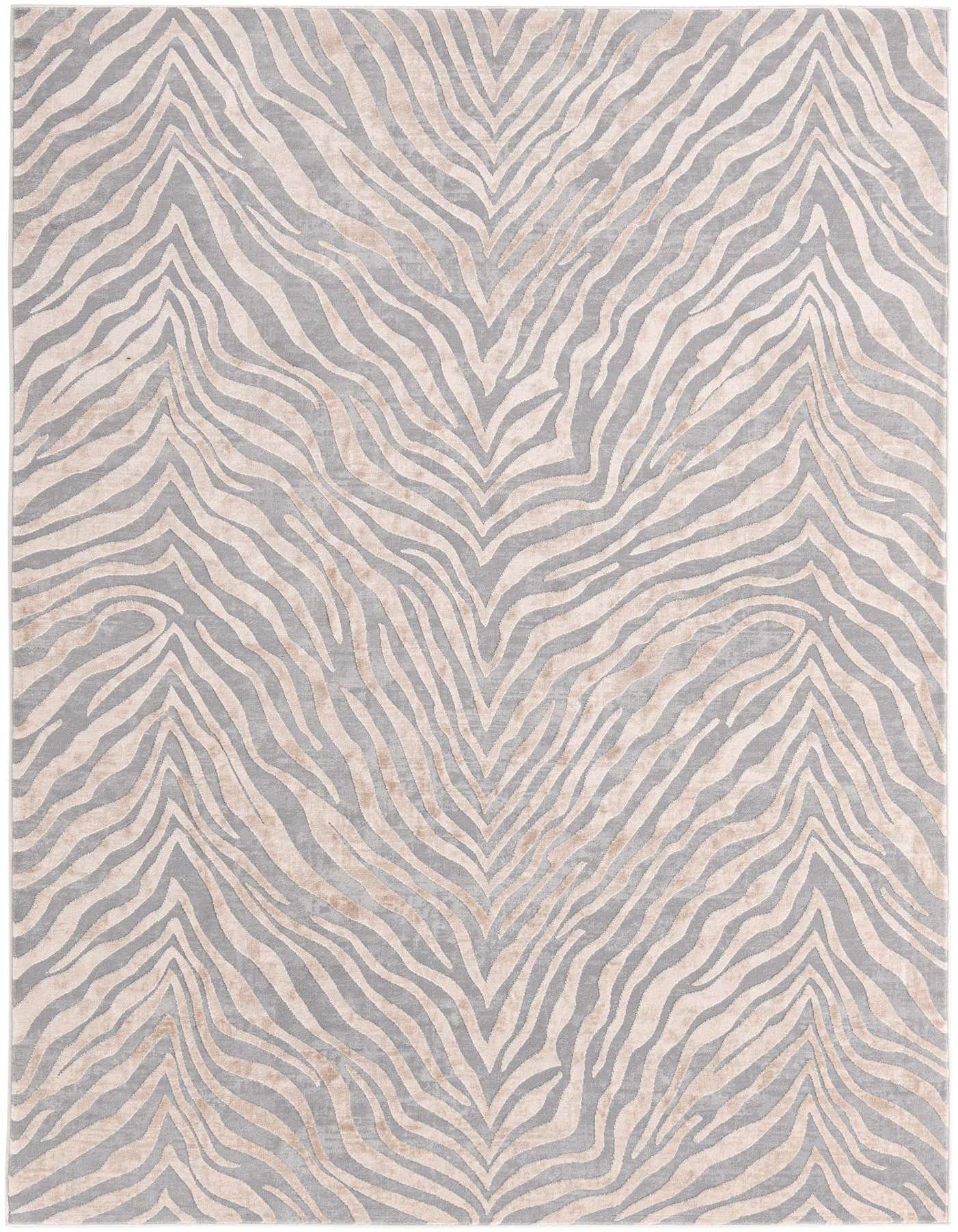 A 6x9 rectangular Finsbury rug with a modern ivory and gray zebra stripe pattern, featuring a high/low textured pile.