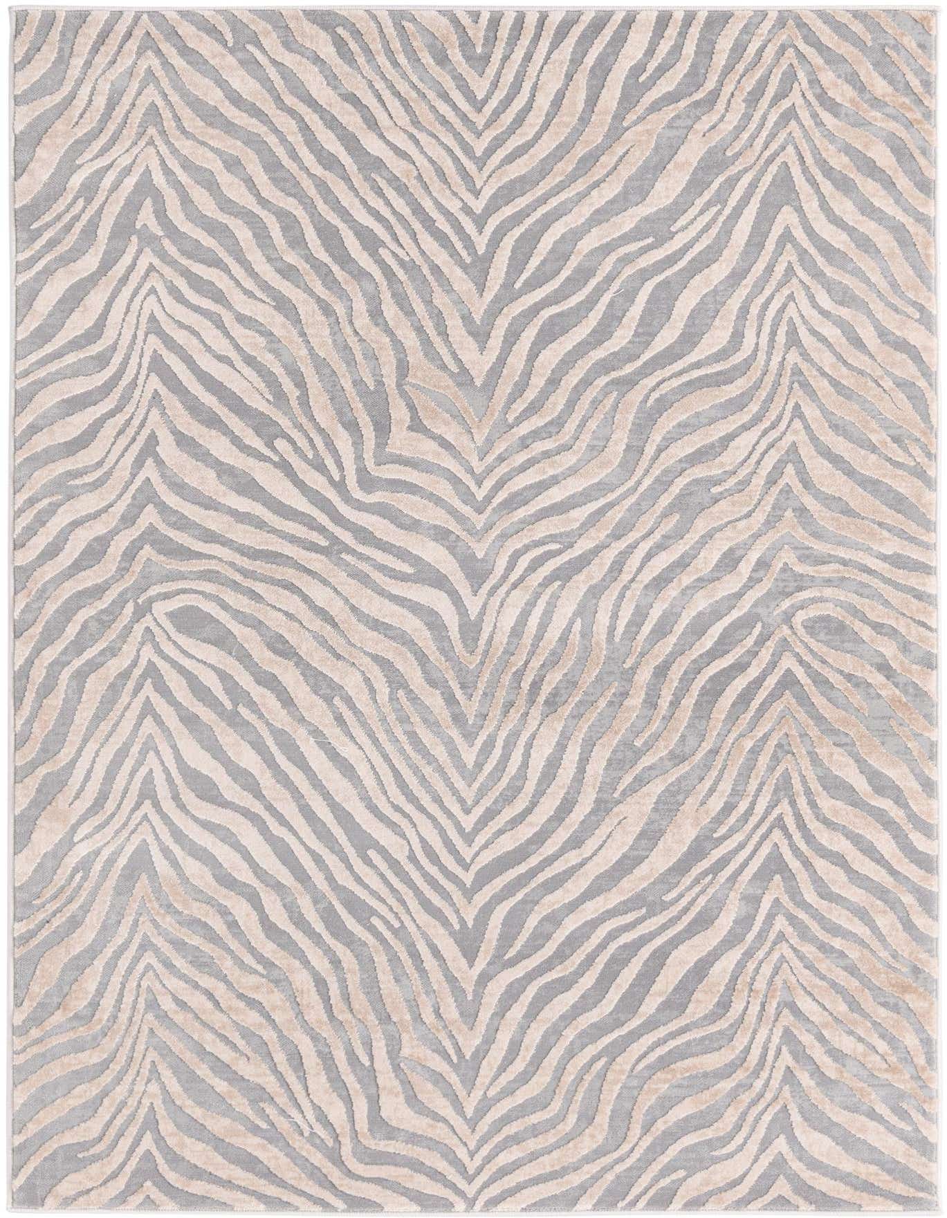 A 4x6 rectangular Finsbury area rug featuring a modern zebra stripe pattern in ivory and gray, with a textured high-low pile.
