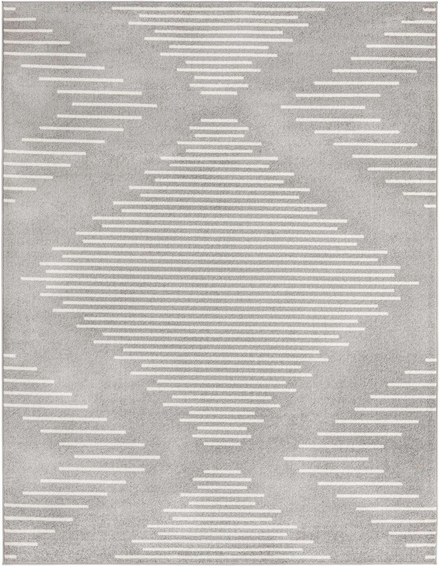 A 7x10 rectangular Kai collection rug featuring a modern geometric stripe pattern in ivory and gray, suitable for a living room.
