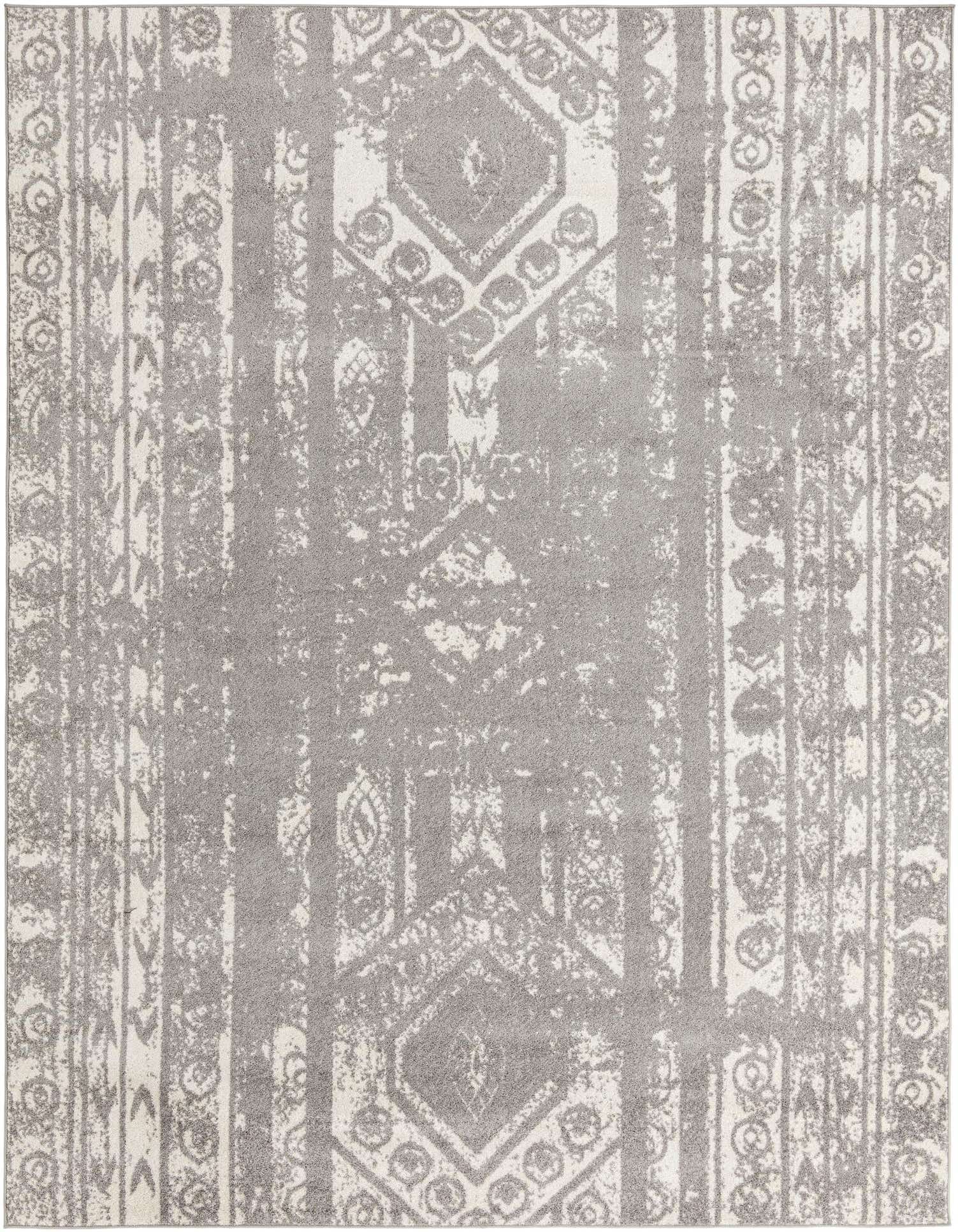 A 10x13 rectangular ivory and gray Southwestern rug with a distressed tribal stripe pattern, suitable for a living room.