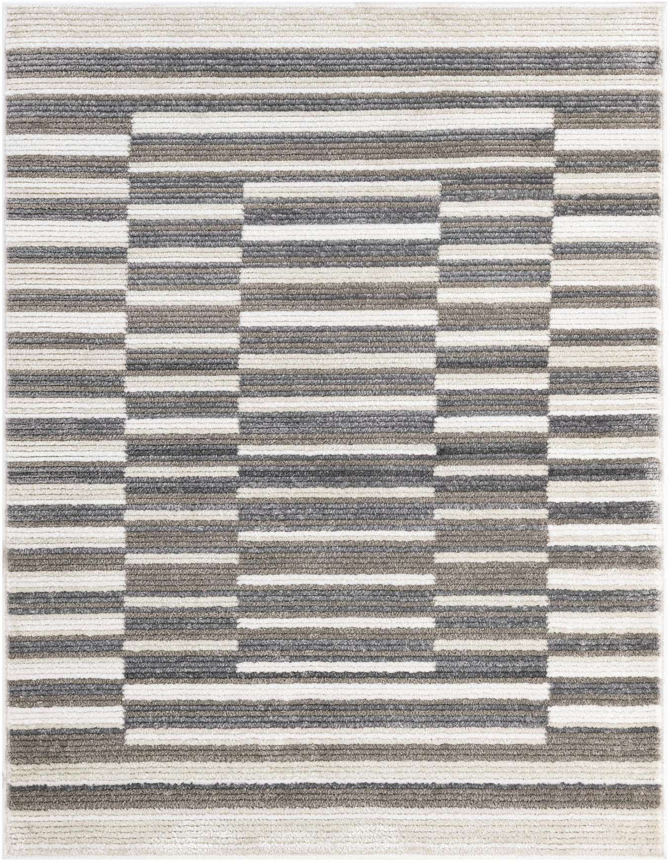 A 4x6 rectangular Rugs.com Odyssey rug featuring a modern Scandinavian stripe pattern in ivory, cream, and gray tones.