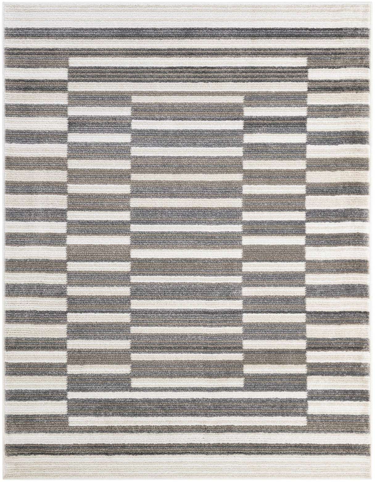 A 5x8 rectangular modern area rug featuring a geometric stripe pattern in shades of ivory, cream, and gray.