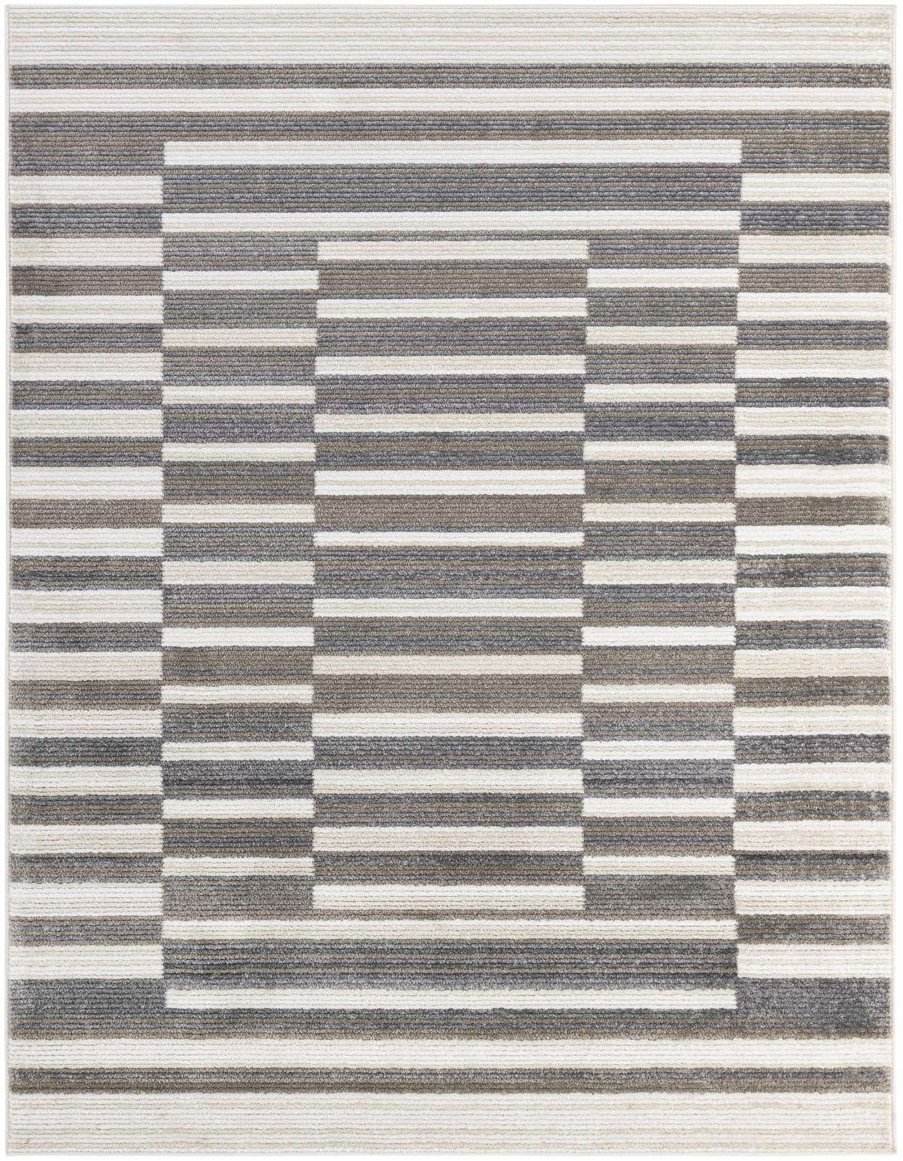 A 6x9 rectangular Rugs.com Odyssey rug featuring a modern geometric stripe pattern in ivory, cream, and gray.