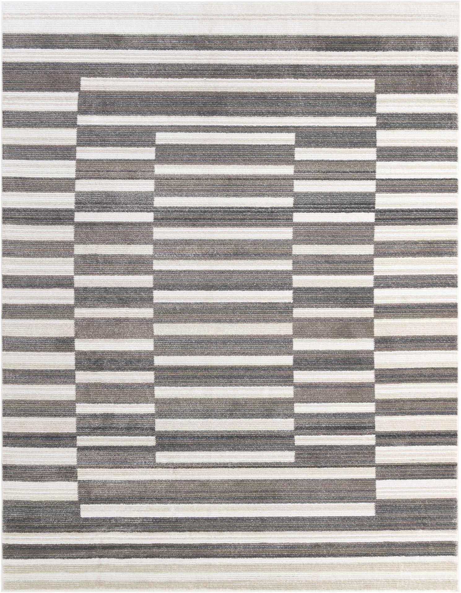 A 9x12 rectangular Odyssey rug featuring a modern striped pattern in shades of ivory, cream, and gray.