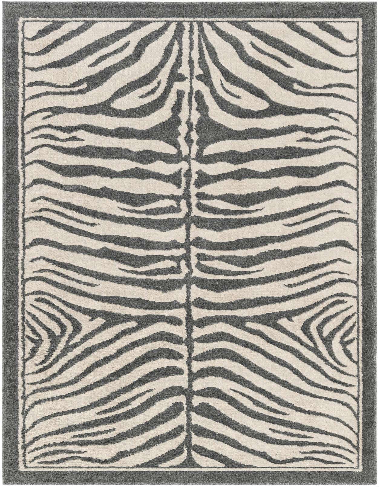 A 5x8 rectangular ivory and gray area rug featuring a bold, modern zebra stripe pattern with a solid gray border.