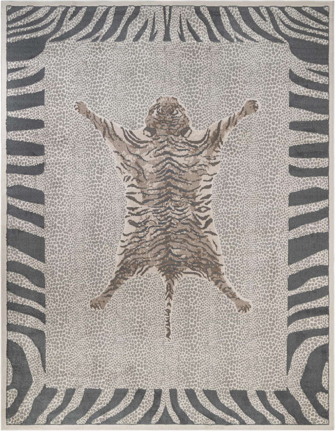 A 10x14 rectangular ivory and gray rug featuring a central tiger pelt design and a zebra print border.