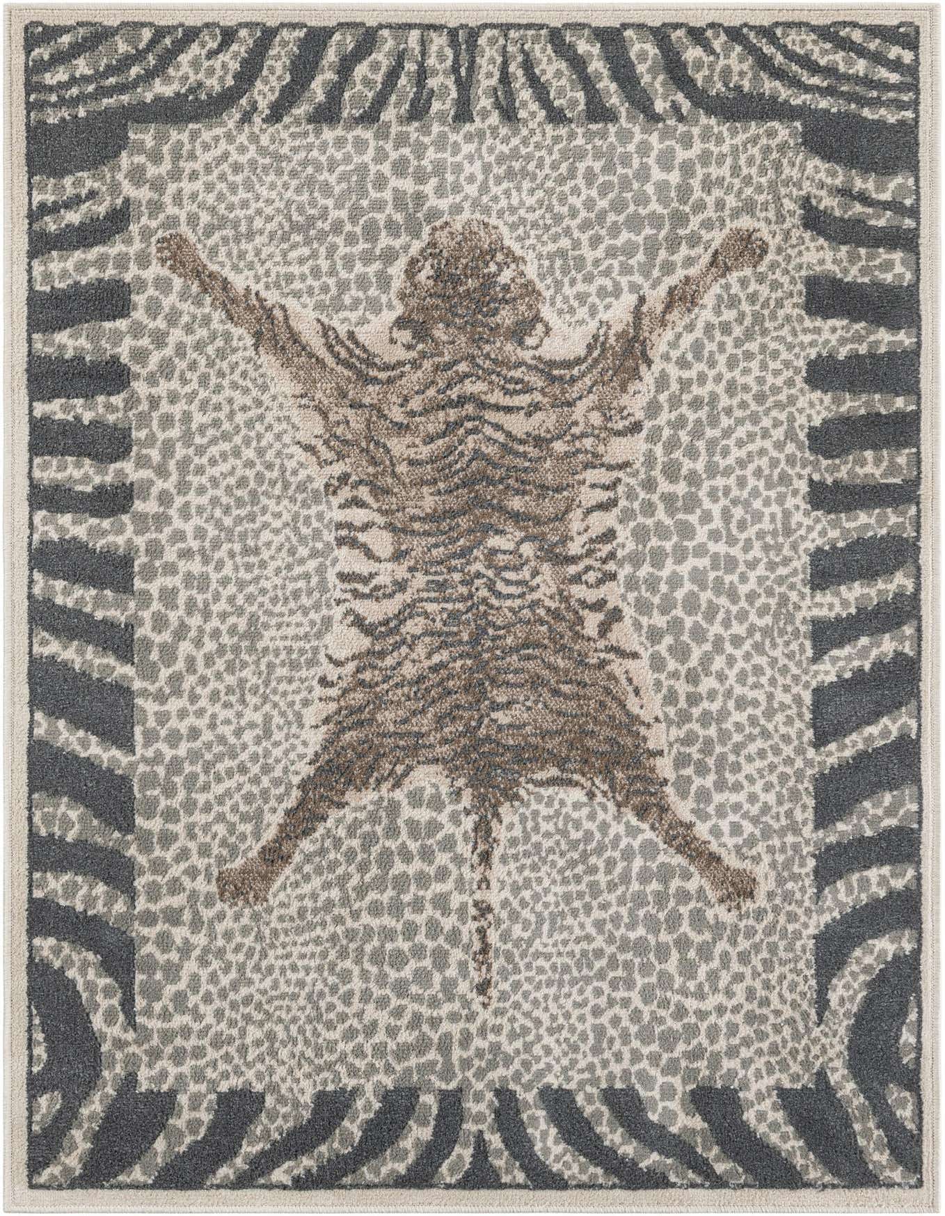 A 4x6 rectangular Savannah collection rug featuring a central brown tiger skin design on a speckled ivory and gray background, bordered by dark gray zebra stripes.