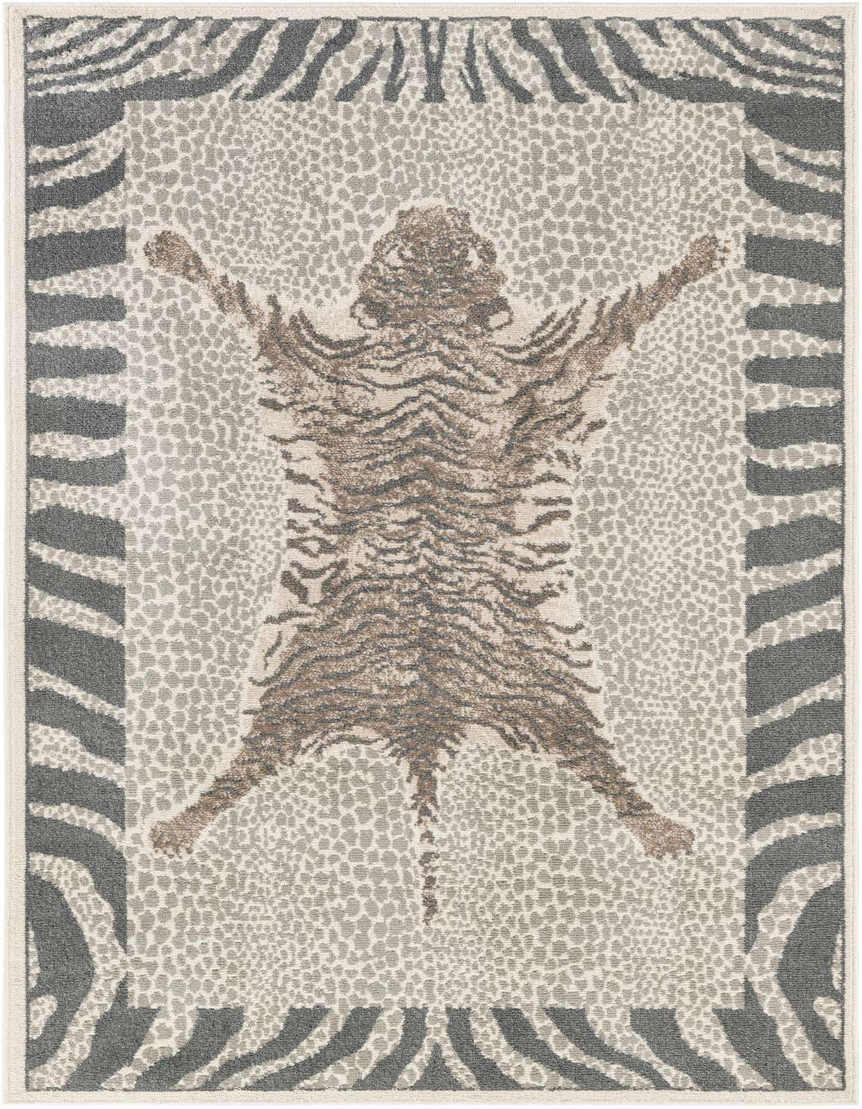 A 5x8 rectangular Savannah collection rug featuring a central brown tiger skin design on an ivory and gray leopard print background, framed by a gray zebra stripe border.
