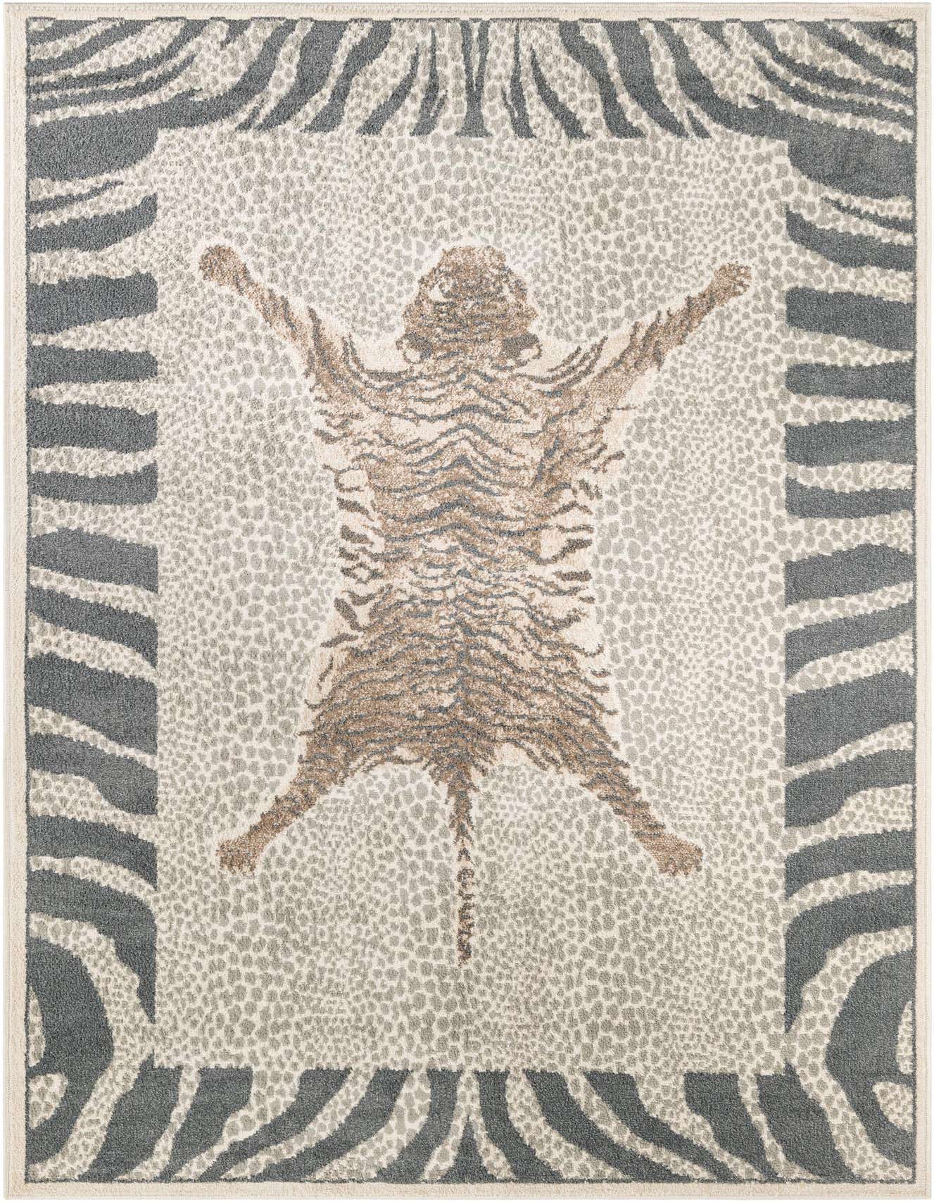 A 6x9 rectangular rug featuring a faux tiger skin design in brown and gray on an ivory leopard print background, framed by a bold gray zebra stripe border.