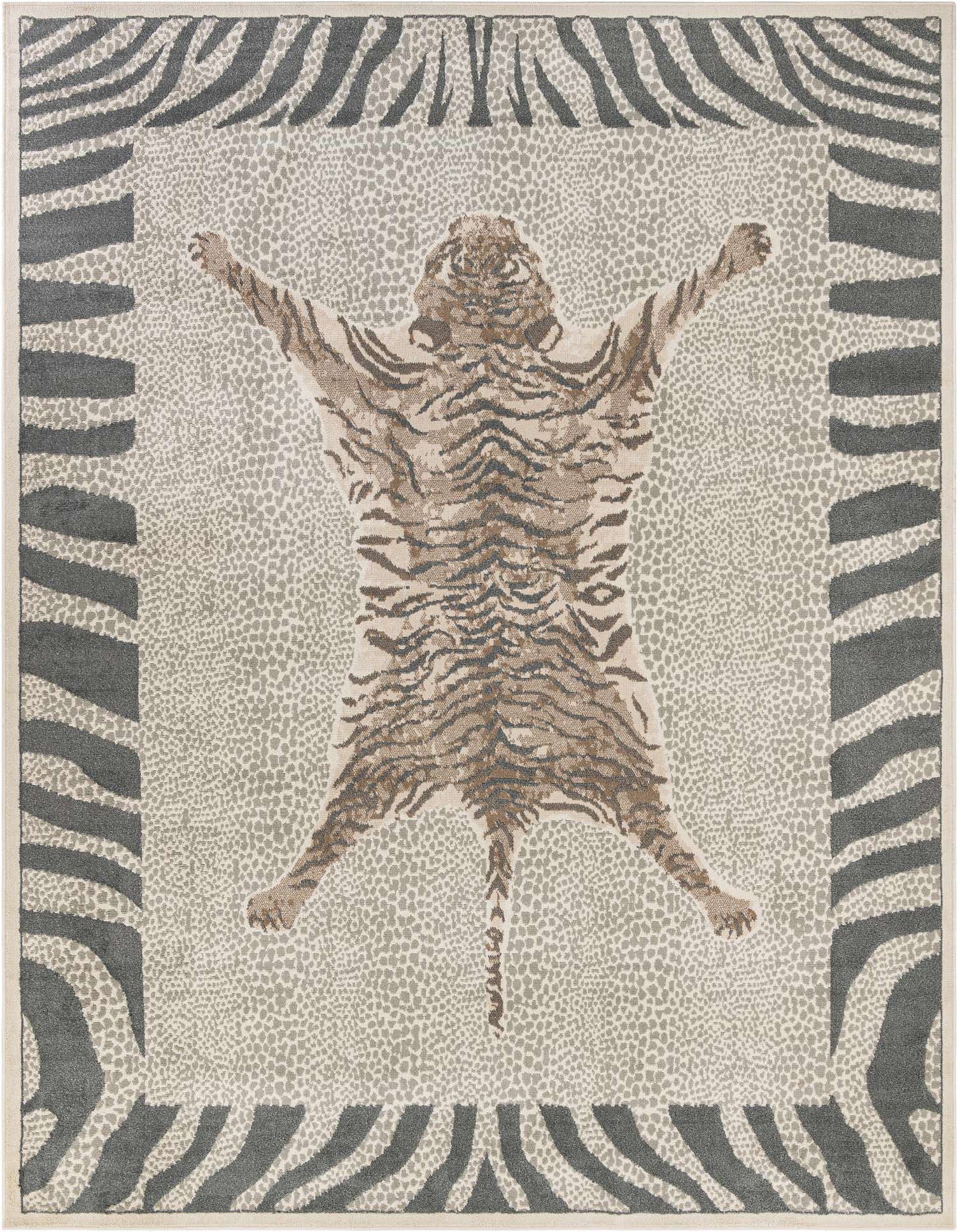 A 9x12 rectangular Savannah Collection rug featuring a central tiger skin pattern in browns and creams, surrounded by a subtle leopard print, and framed by a bold gray zebra stripe border.