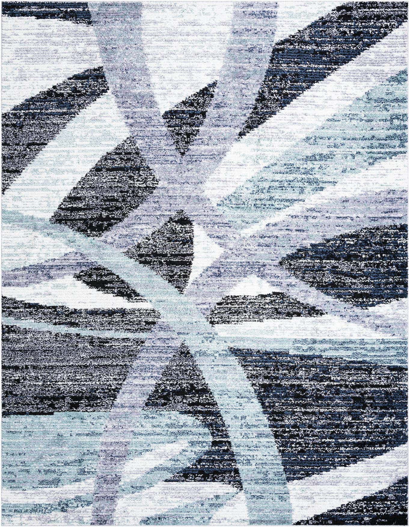 A 10x14 rectangular modern shag rug featuring an abstract stripe pattern in shades of ivory, cream, gray, and silver.