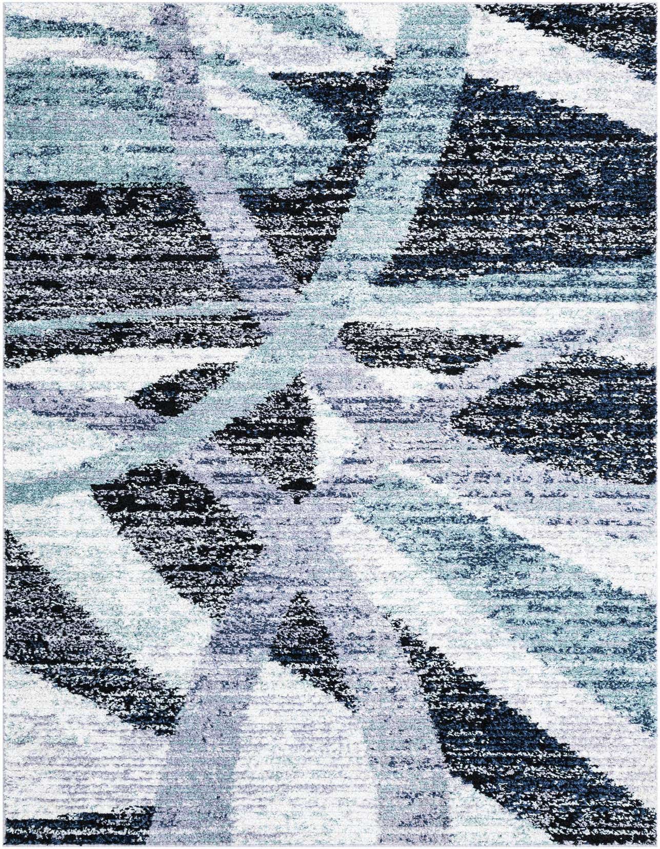 A 6x9 rectangular shag rug with a modern abstract stripe pattern in shades of ivory, cream, gray, and white.