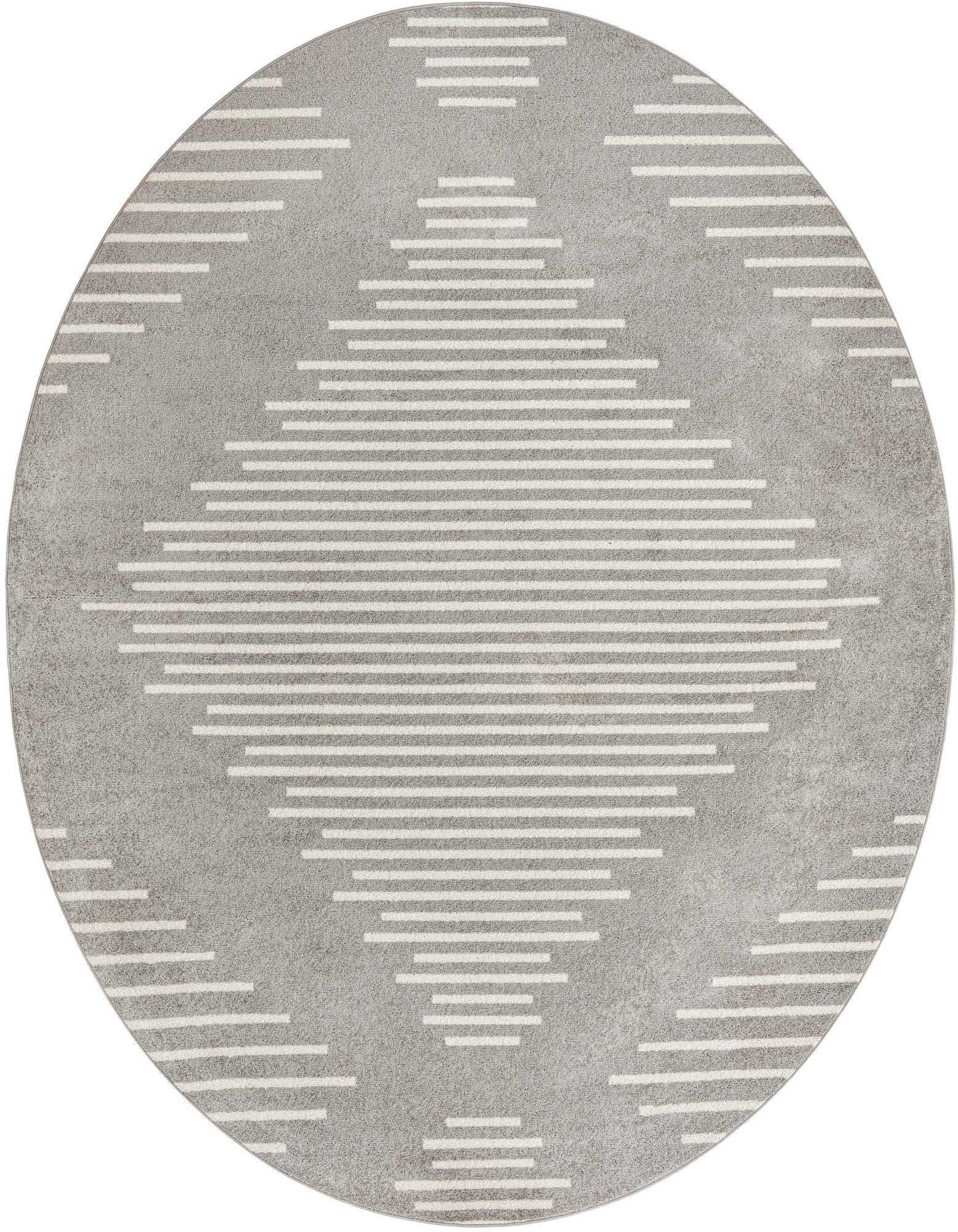 A 10-foot round gray rug with a modern geometric pattern of horizontal white stripes forming a large diamond shape.