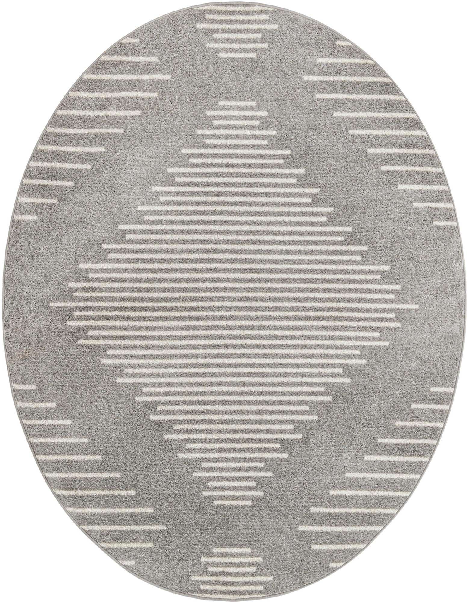 A round 6' gray rug with a modern geometric pattern of horizontal ivory stripes forming a large central diamond.