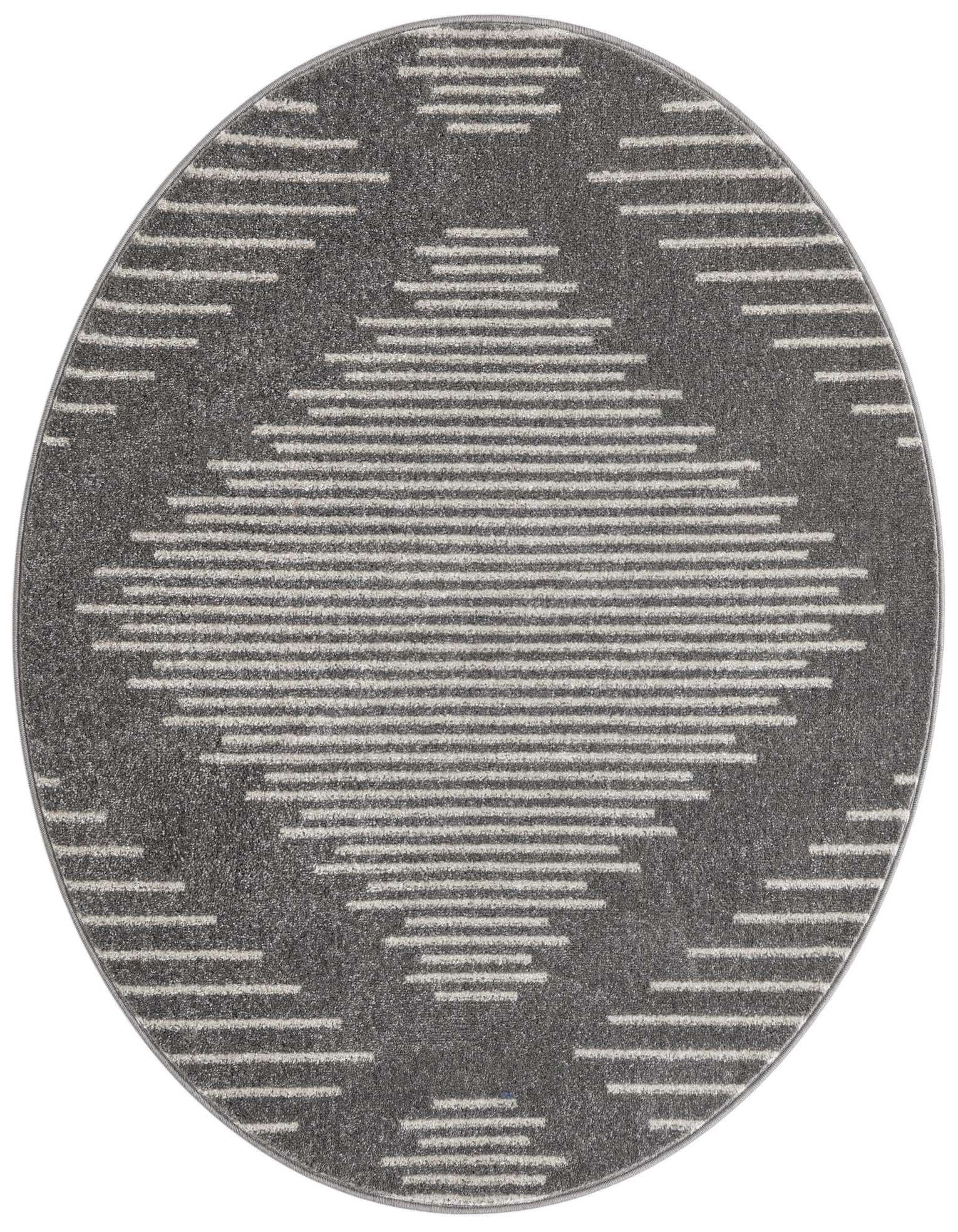 A round 5' 0 x 5' 0 gray and ivory rug with a geometric striped diamond pattern at its center, suitable for a patio.