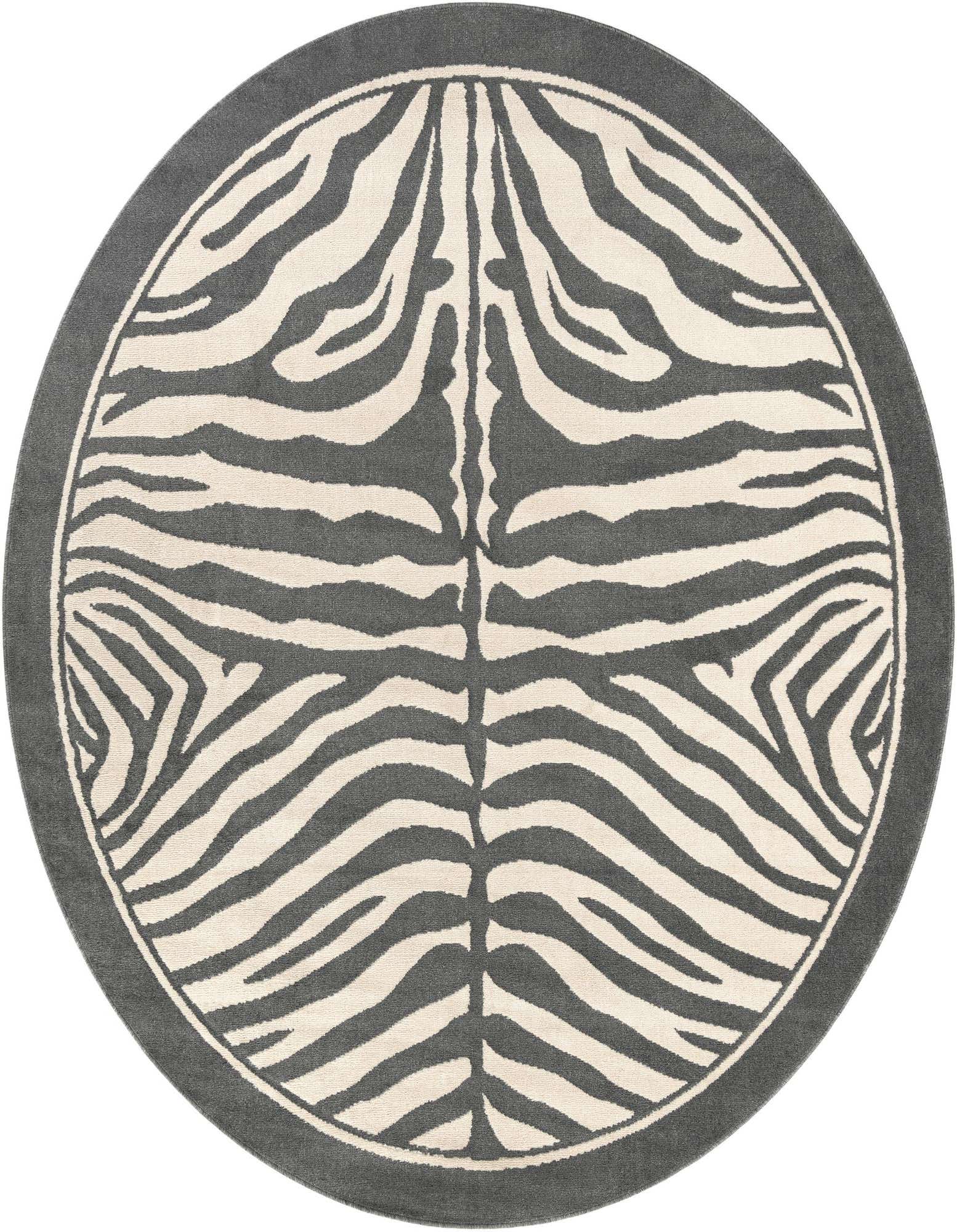 A 10-foot round Rugs.com Savannah rug featuring a modern ivory and gray zebra stripe pattern with a solid gray border.
