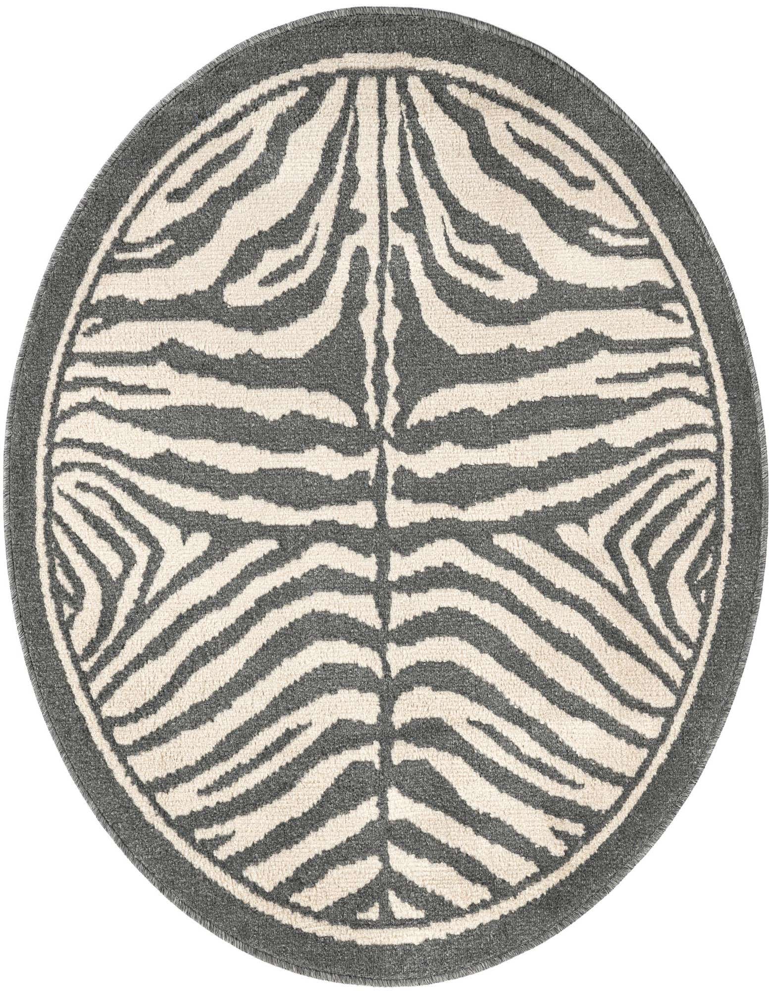 A 4' round ivory and gray zebra print rug with a modern stripe pattern and medium pile.