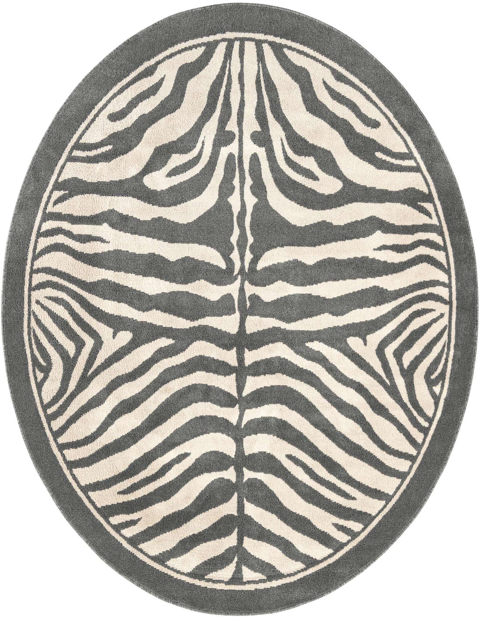 A round 7' 10" x 7' 10" Savannah rug featuring a bold ivory and gray zebra stripe pattern with a solid gray border.