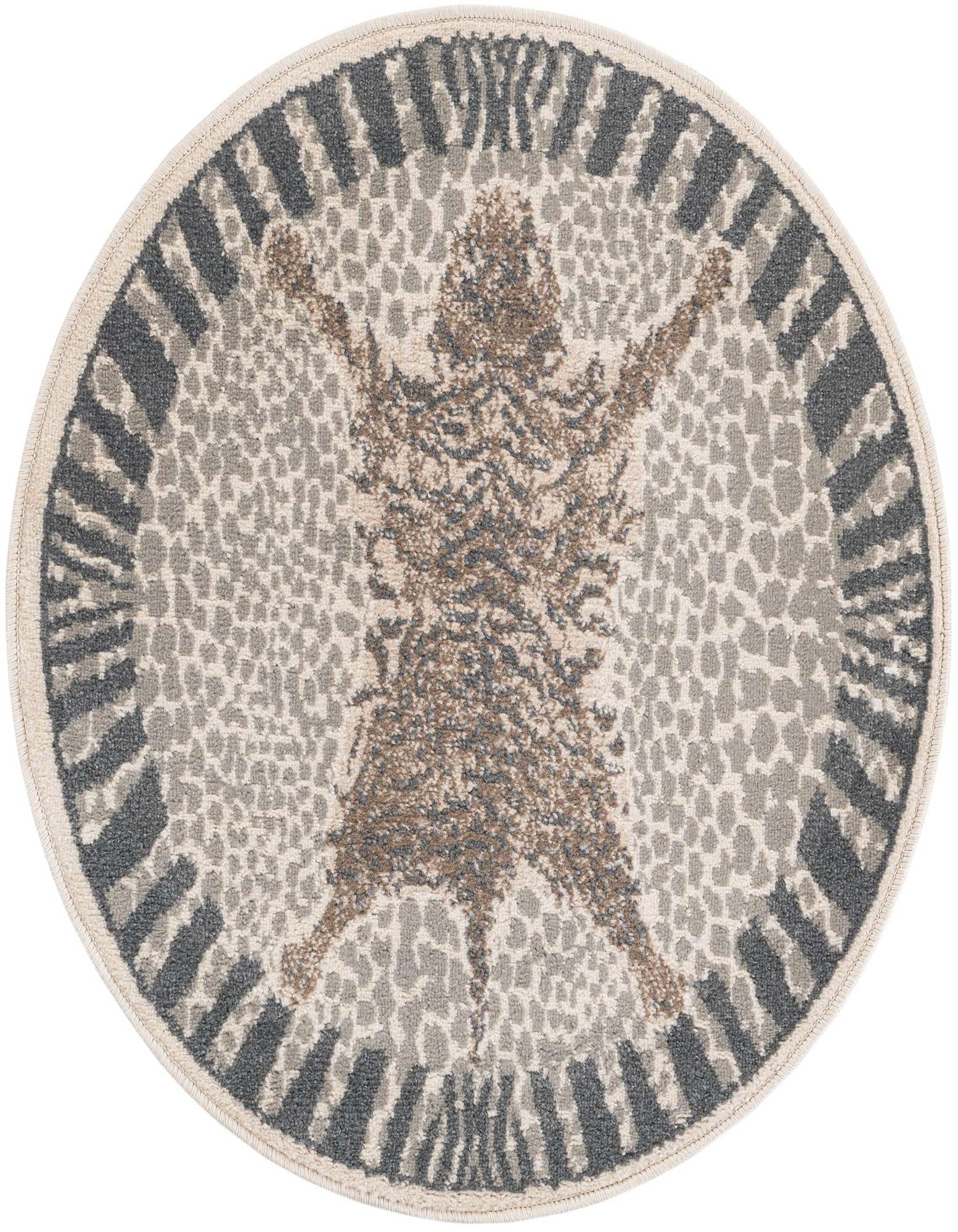 A round Rugs.com Savannah rug featuring an abstract, speckled animal print in ivory, gray, and brown, with a striped border.