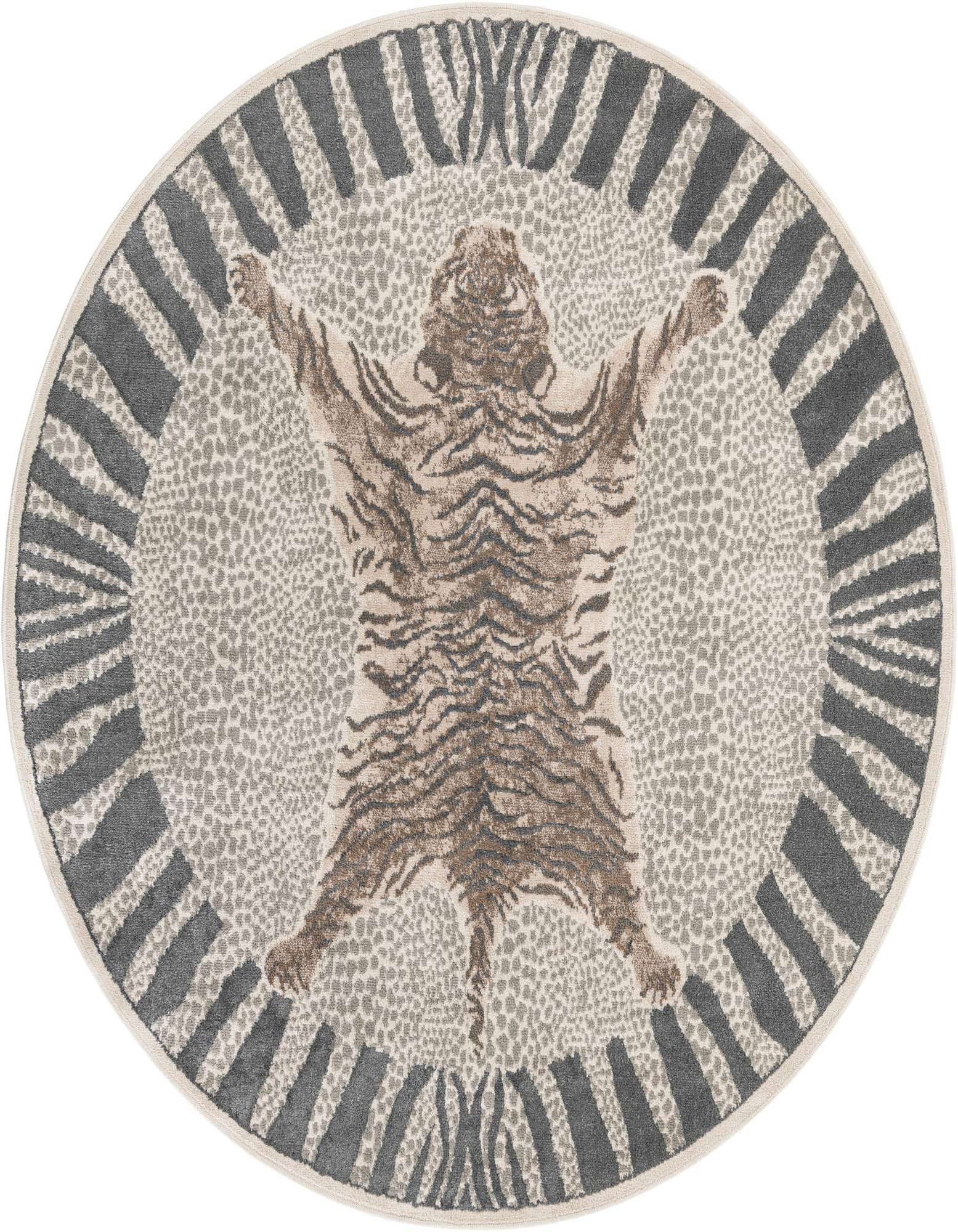 A round Rugs.com Savannah rug featuring a central tiger skin pattern in browns and creams, surrounded by a gray leopard print and a bold gray and ivory striped border.