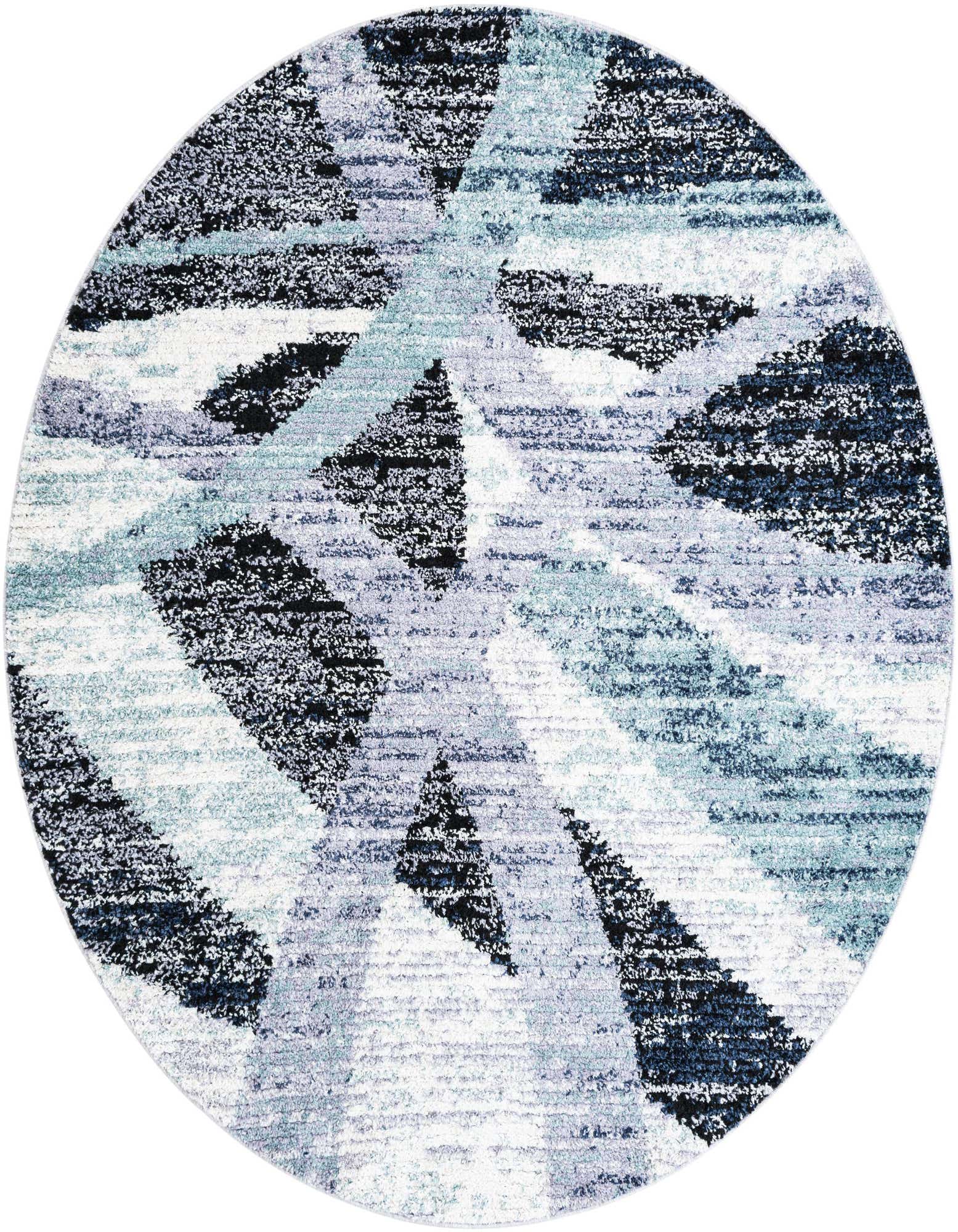 A round shag rug featuring a modern abstract stripe pattern in shades of ivory, cream, gray, and white.