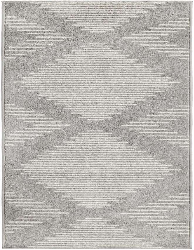A 6 ft runner rug with a modern geometric pattern in light gray and cream, ideal for a hallway or kitchen.
