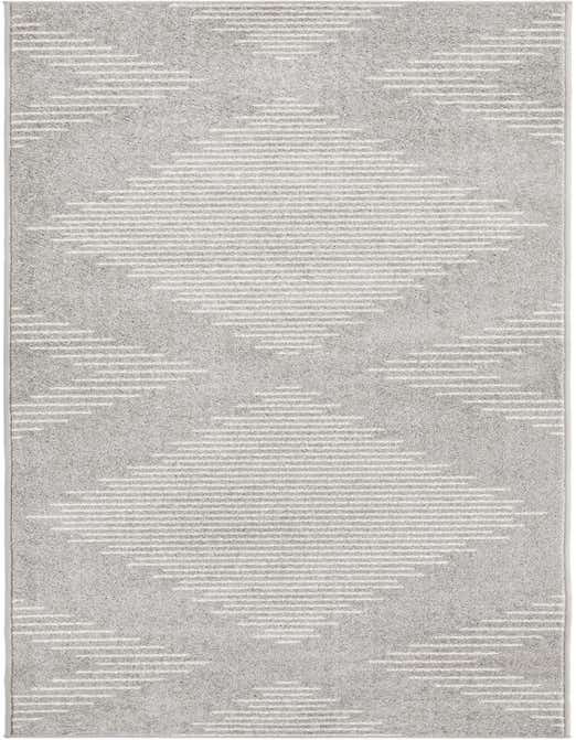 A 10 ft runner rug in light gray with a modern geometric pattern of horizontal white stripes forming large diamonds.
