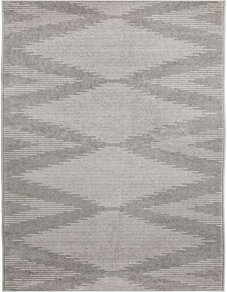A 14 ft runner rug in shades of gray and ivory, featuring a modern striped diamond pattern, ideal for a hallway.