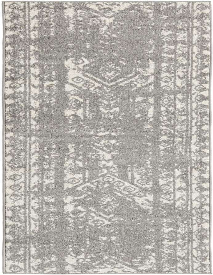 An 8 ft runner rug in ivory and gray, featuring a distressed Southwestern tribal pattern, ideal for a hallway or kitchen.