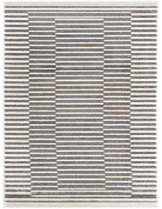A 10 ft runner rug with a modern striped pattern in shades of ivory, cream, gray, and silver, featuring a textured pile.