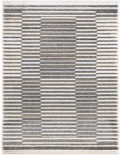 An 8 ft runner rug from the Odyssey collection, featuring a modern stripe pattern in ivories, creams, and grays, ideal for a hallway or kitchen.